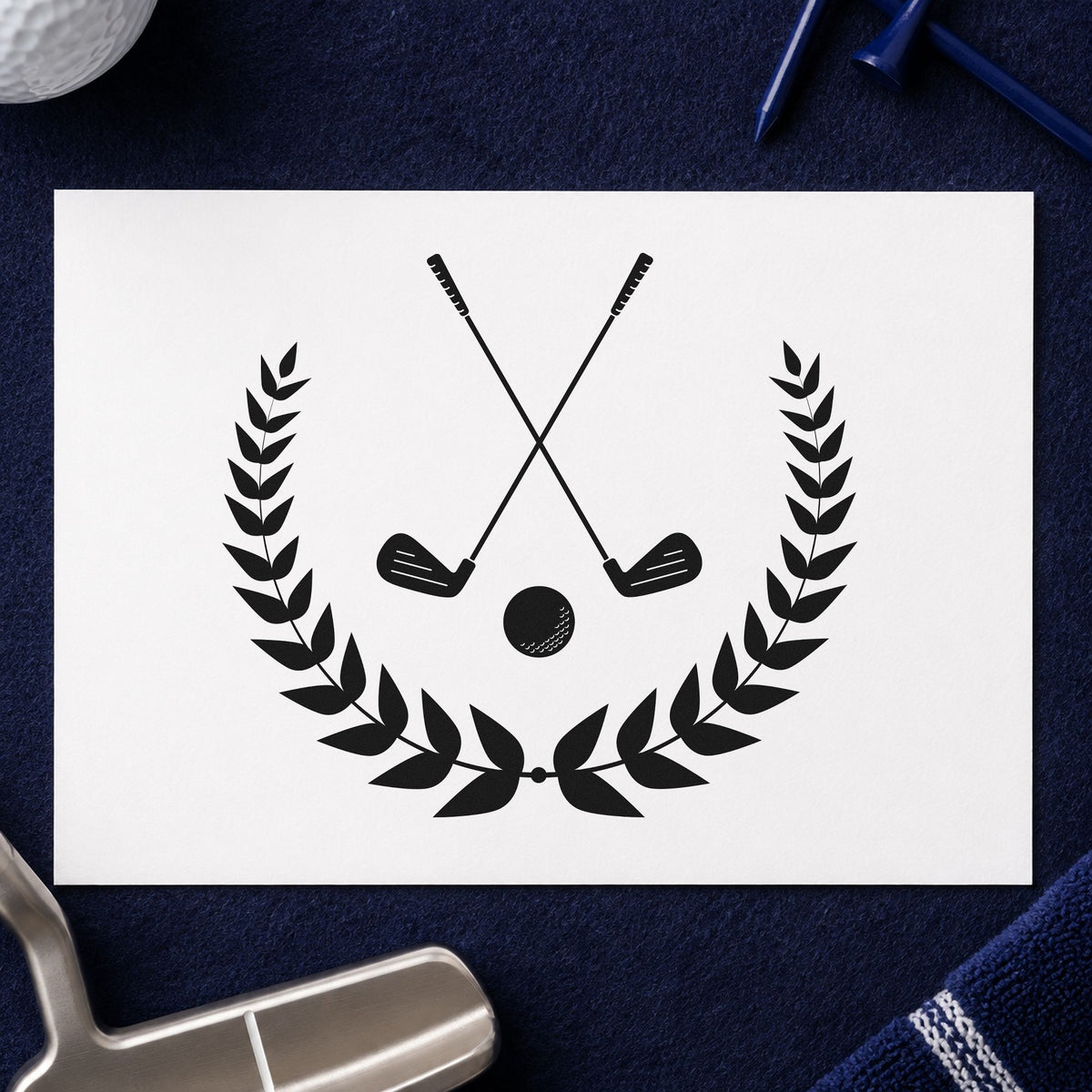 Golf Clubs Laurel Emblem craft stamp in black ink on cardstock, an easy option for founders album page.