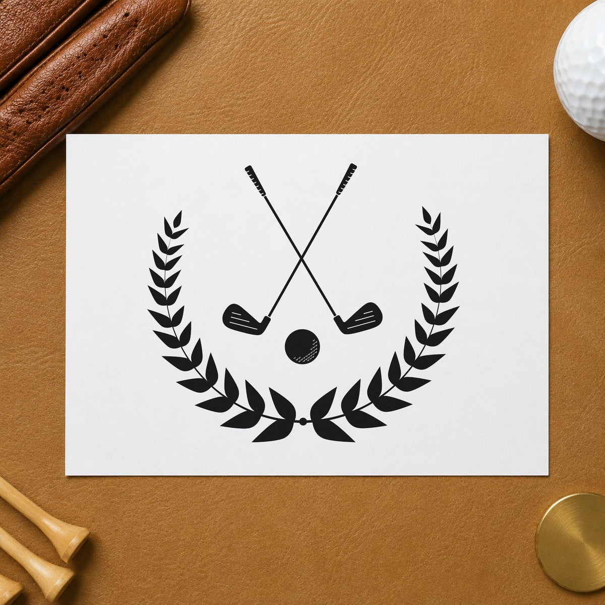 Golf Clubs Laurel Emblem craft stamp imprint in black ink on a handmade project, one idea being founder gift tags.