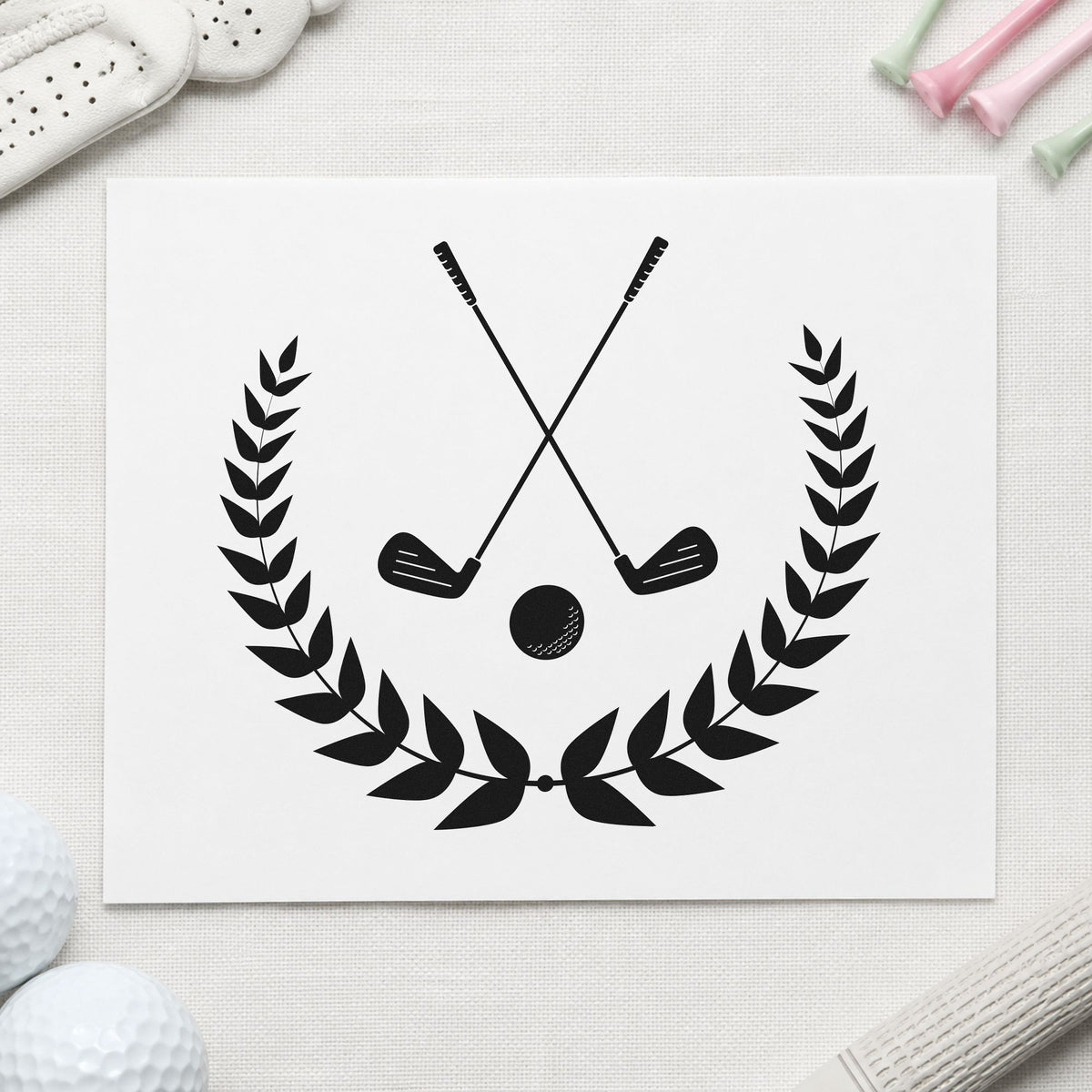 Golf Clubs Laurel Emblem rubber stamp printed in black ink, ready for history time sheet and similar paper crafts.