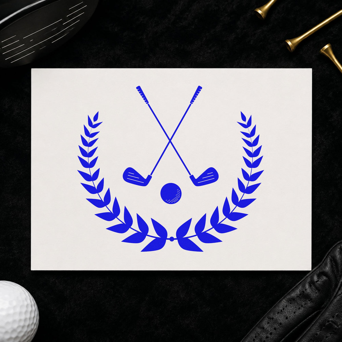 Golf Clubs Laurel Emblem craft stamp in blue ink on cardstock, an easy option for anniversary tee printing.