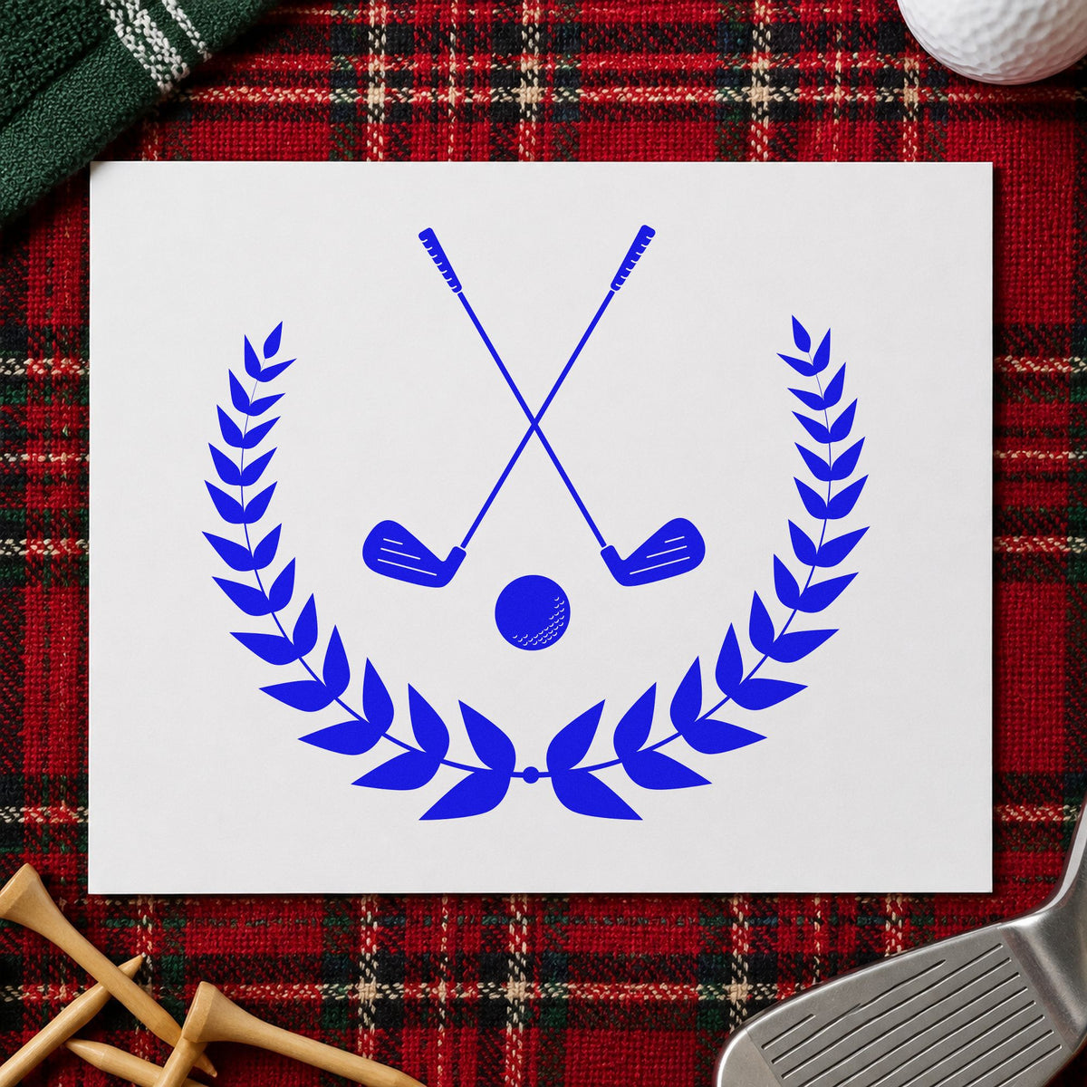 Golf Clubs Laurel Emblem craft stamp imprinted in blue ink on paper, a design suited to framed club corridor.