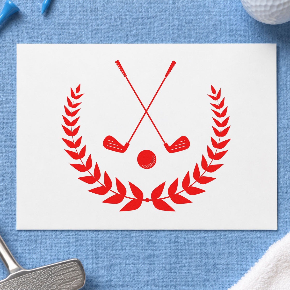 Golf Clubs Laurel Emblem rubber stamp shown in red ink, stamped for projects such as box archive labels.
