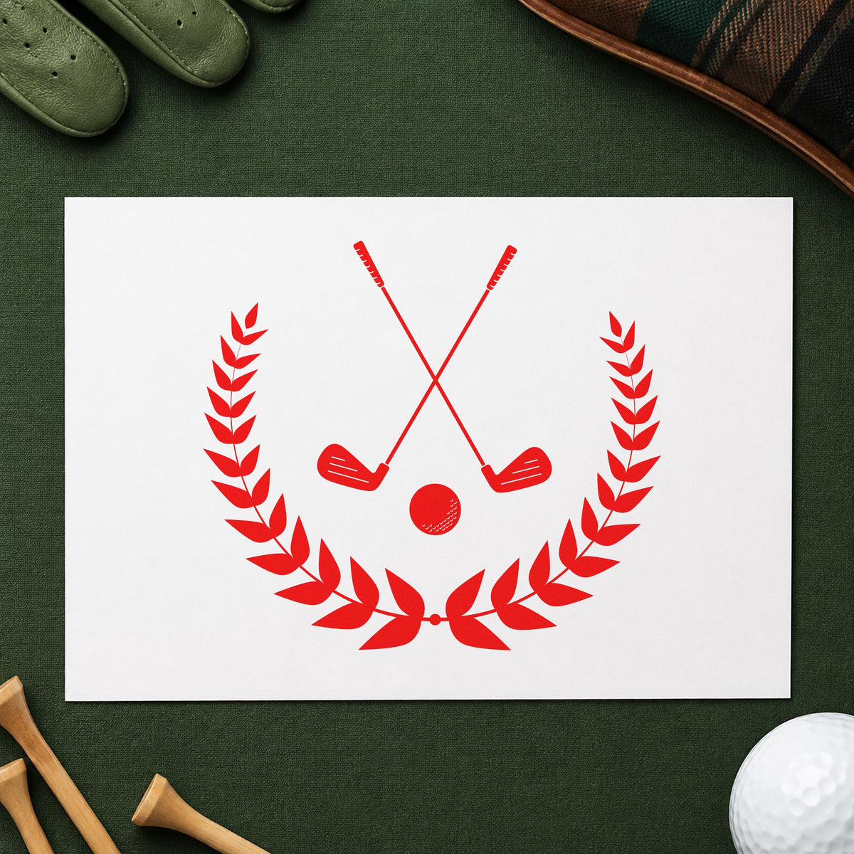 Golf Clubs Laurel Emblem craft stamp imprint in red ink on a handmade project, one idea being history note cards.