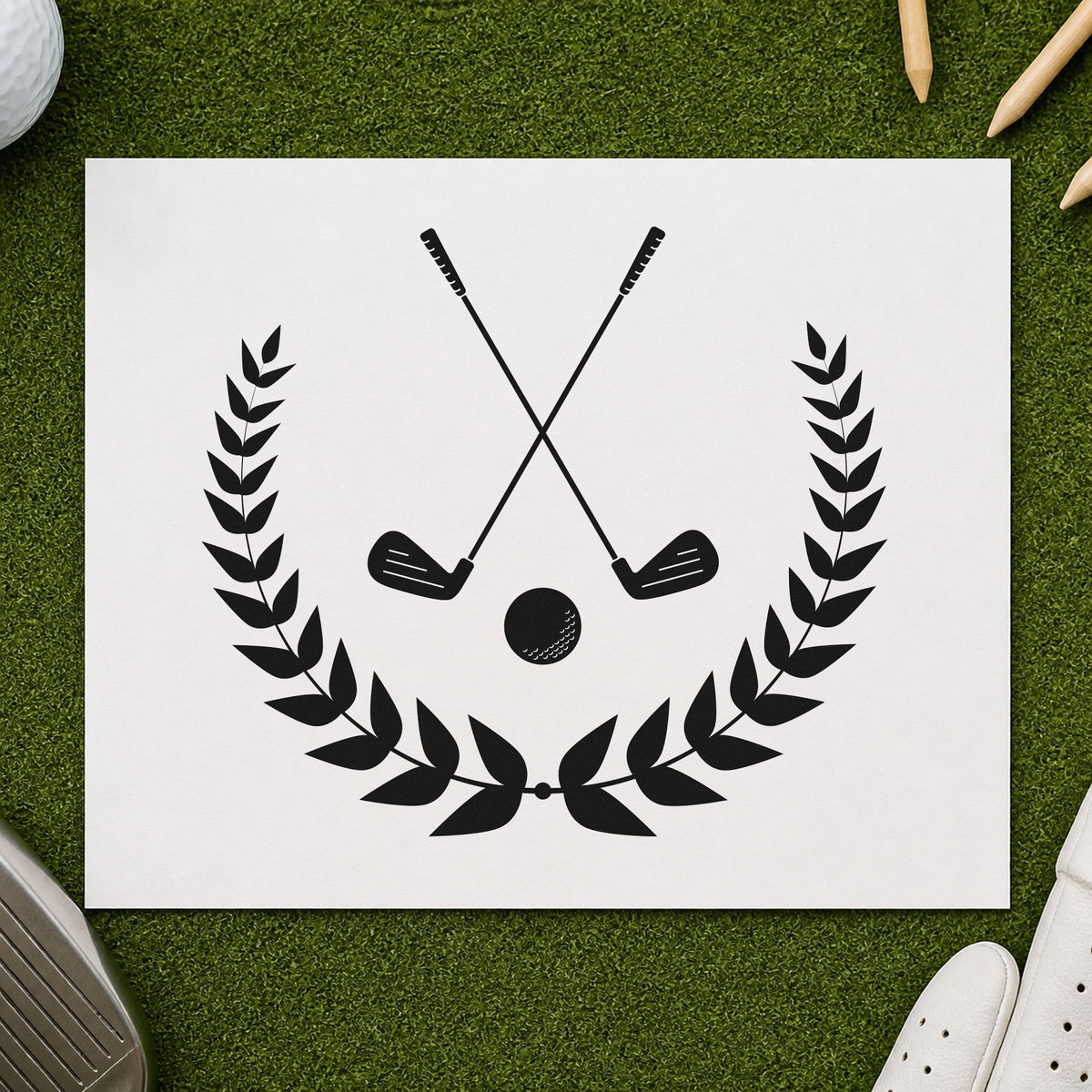 Golf Clubs Laurel Emblem rubber stamp printed in black ink, ready for leafy branch cards and similar paper crafts.