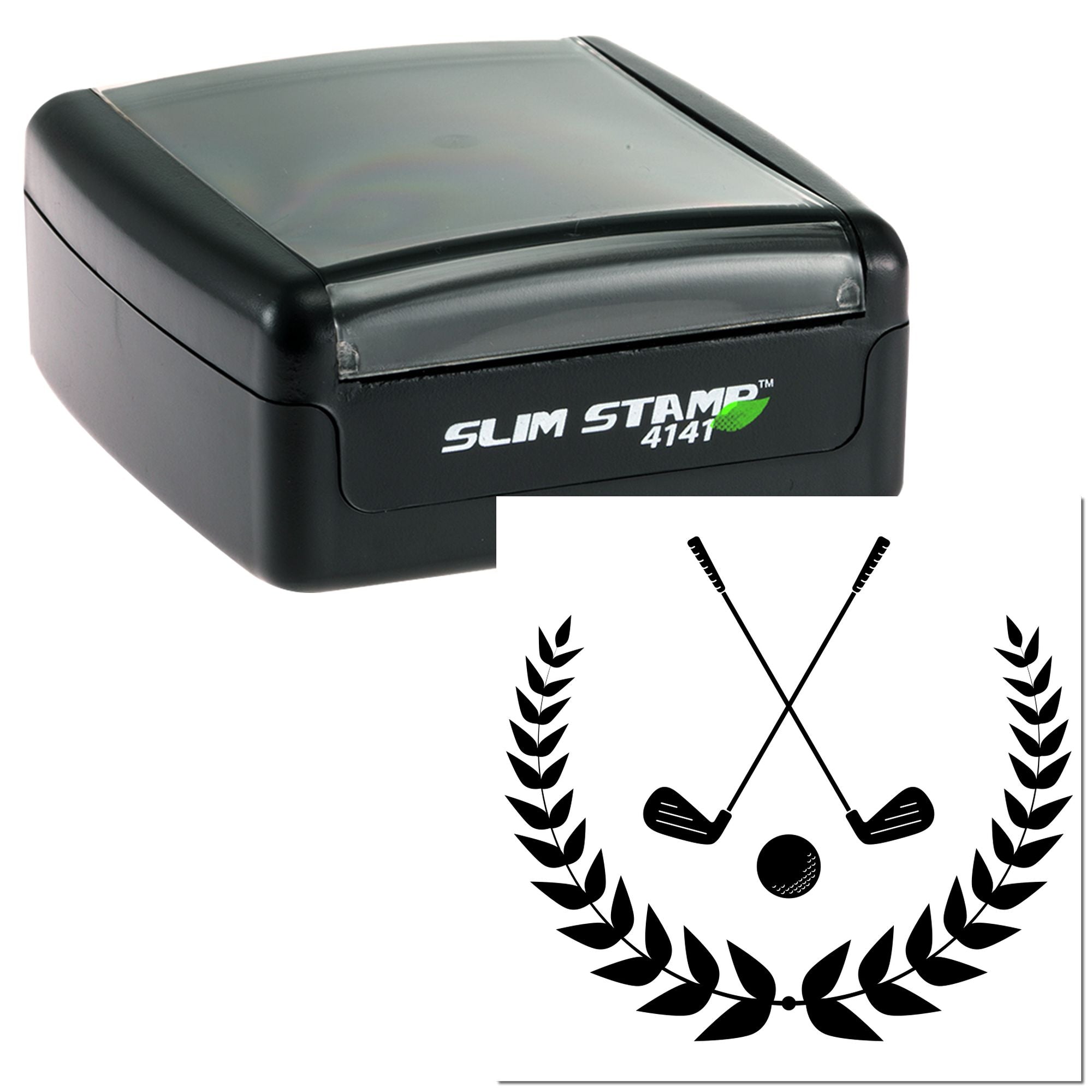 Slim Stamp 4141 self-inking rubber stamp with golf club laurel wreath design for custom golf club logos