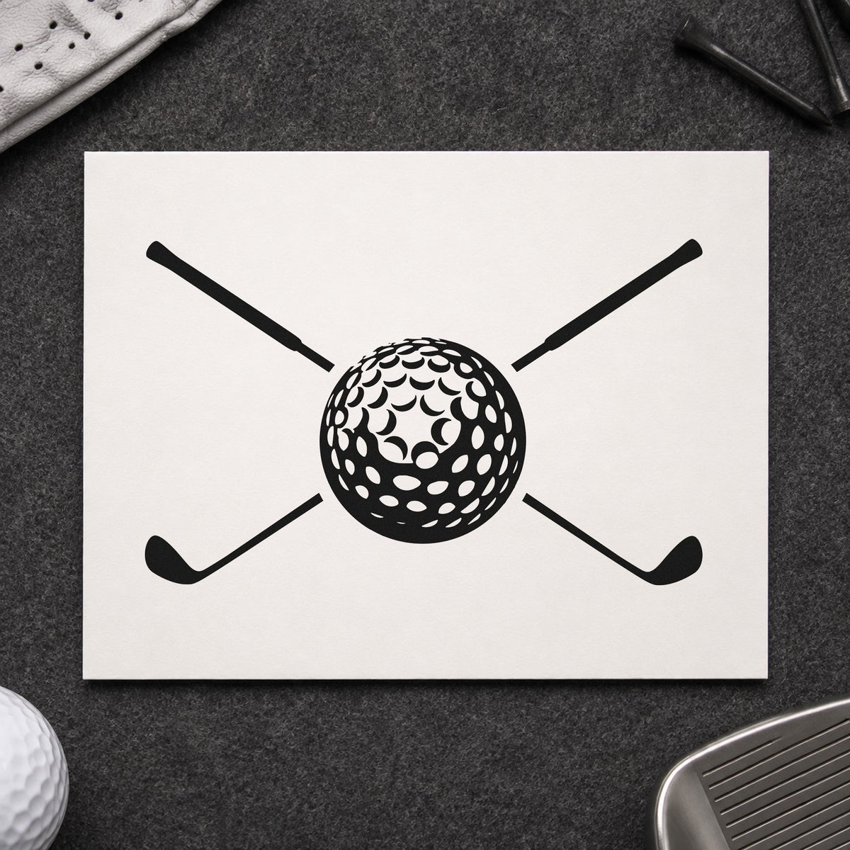 Golf Ball Crossed Clubs craft stamp in black ink on cardstock, an easy option for engrave album page.