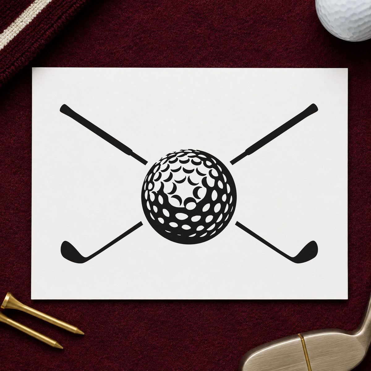 Golf Ball Crossed Clubs rubber stamp printed in black ink, ready for order queue sheet and similar paper crafts.