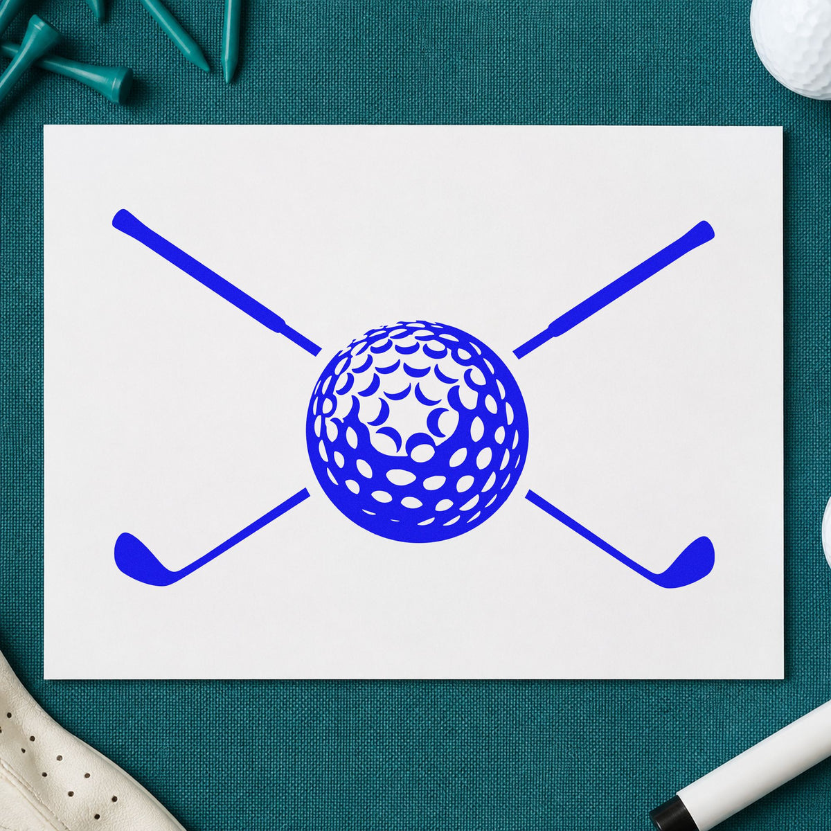 Golf Ball Crossed Clubs craft stamp imprinted in blue ink on paper, a design suited to framed work shop.