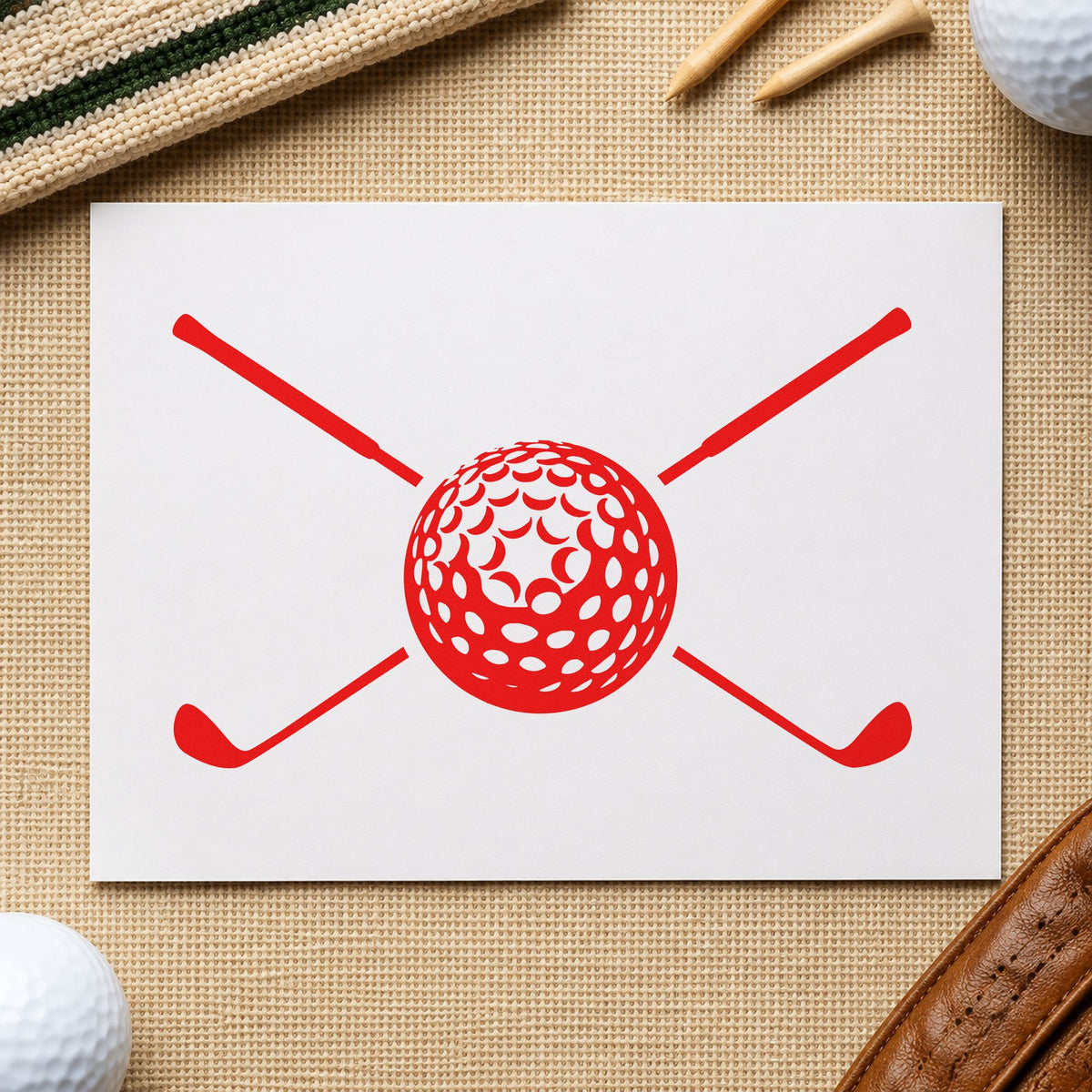 Golf Ball Crossed Clubs rubber stamp shown in red ink, stamped for projects such as drawer plate labels.