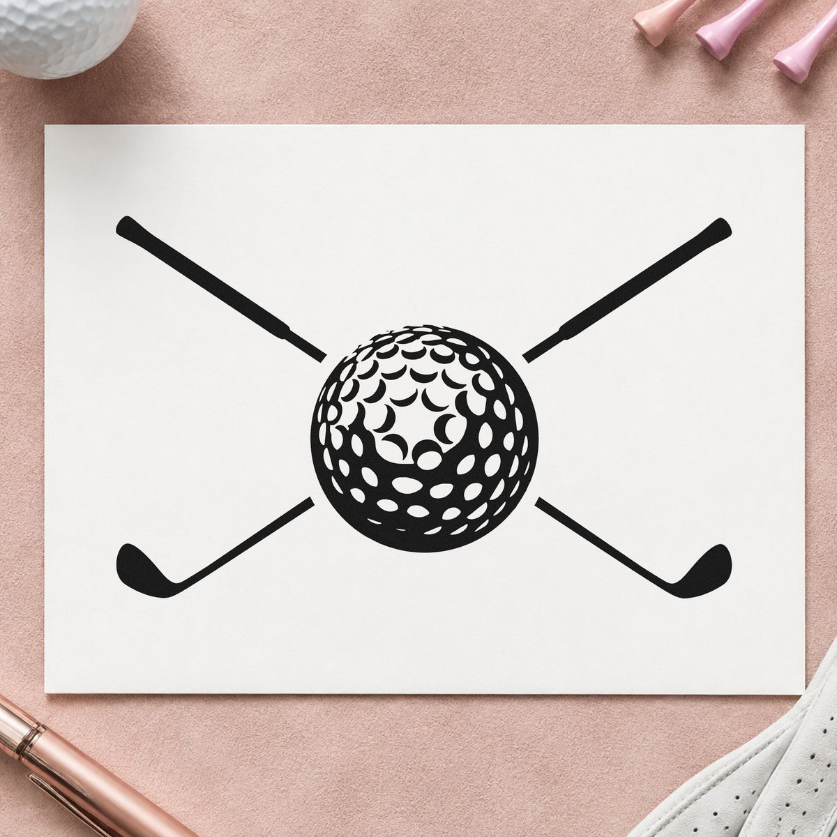 Golf Ball Crossed Clubs rubber stamp printed in black ink, ready for crossing club cards and similar paper crafts.