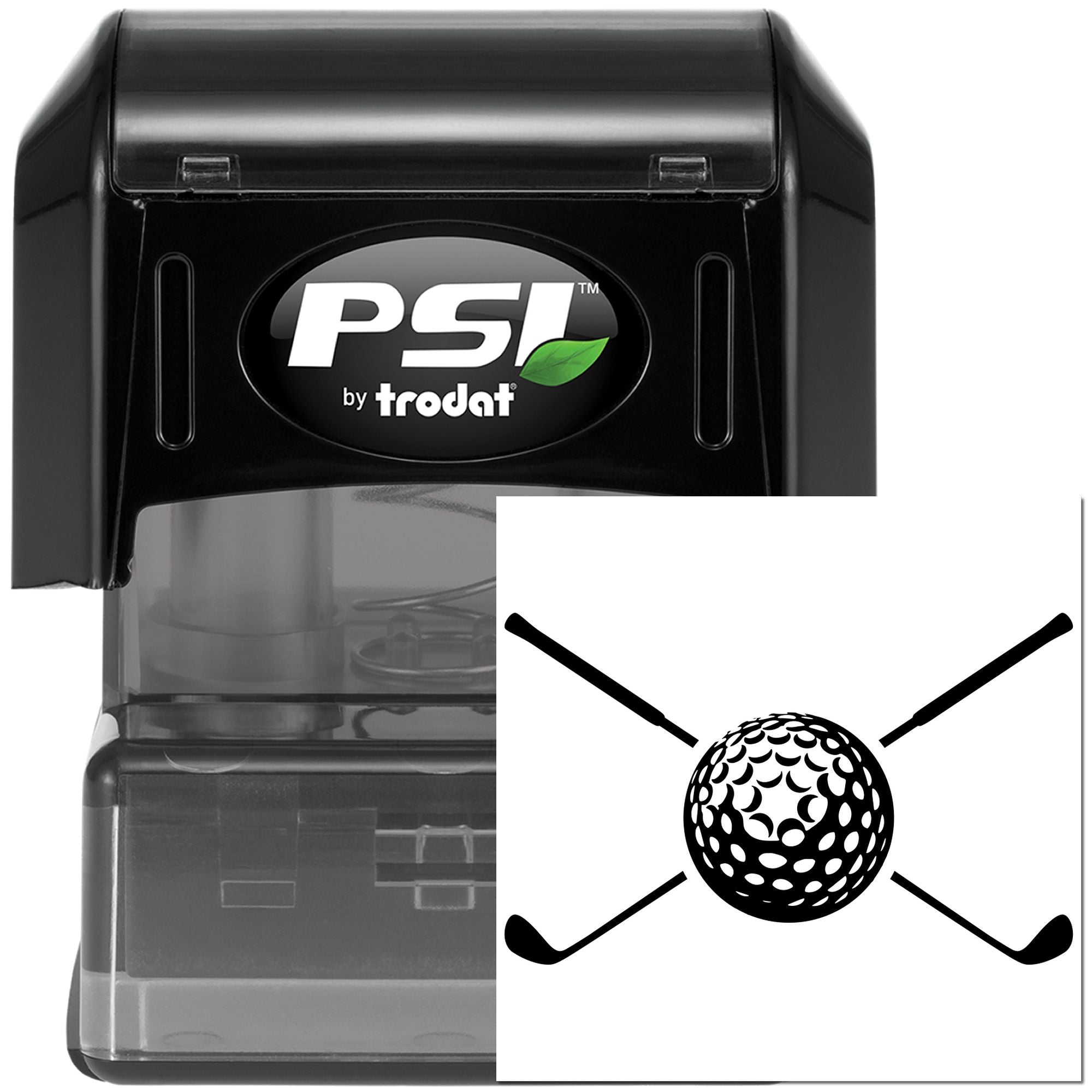 PSI by Trodat self-inking rubber stamp with golf ball and crossed clubs custom logo design for sports branding