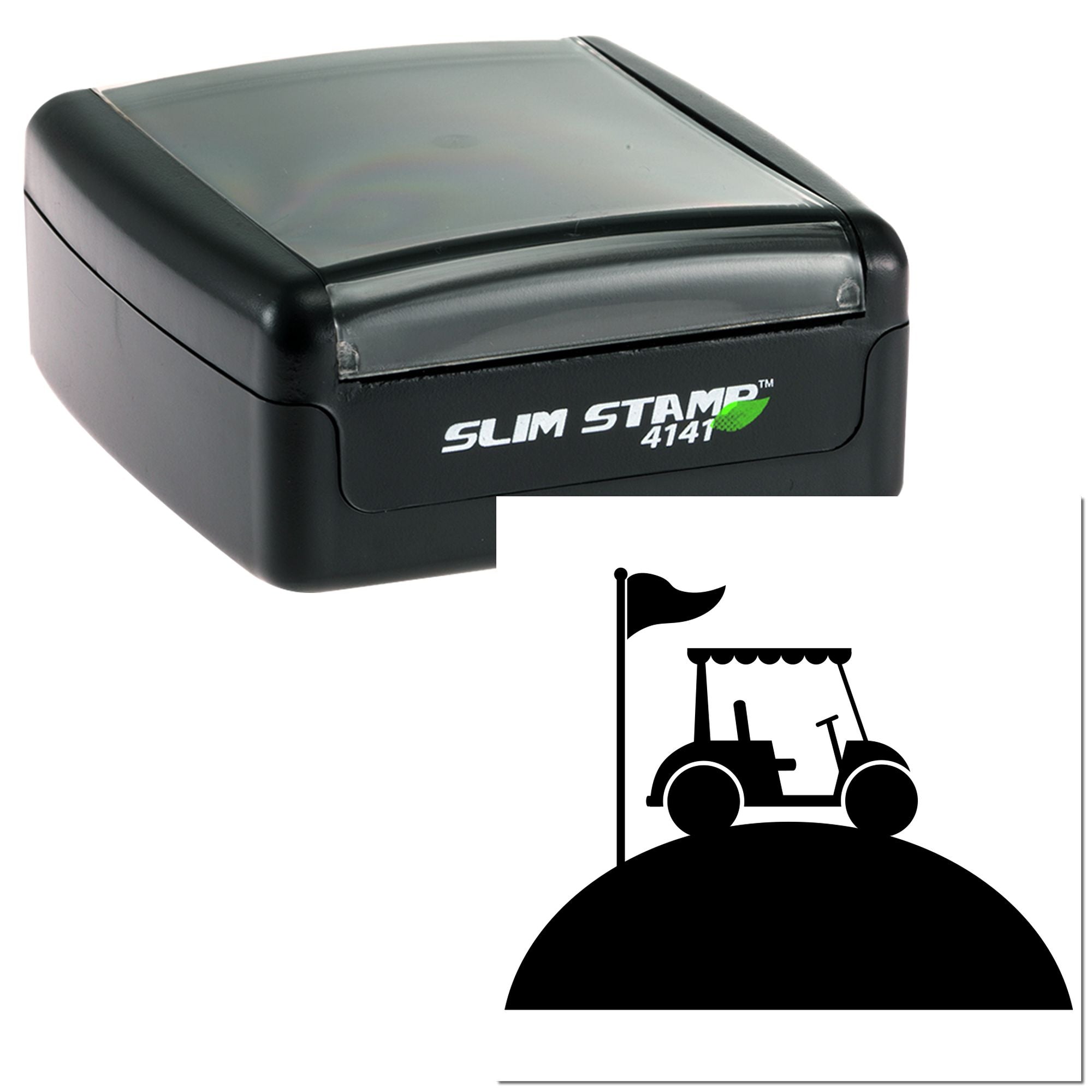 Slim Stamp 4141 self-inking rubber stamp with golf cart icon for custom golf club, course, or event branding.