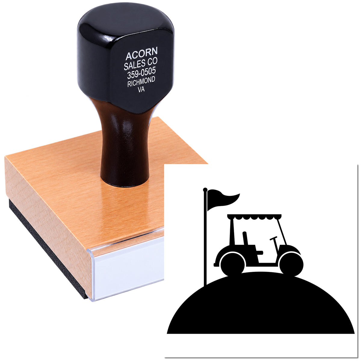 Custom rubber stamp with golf cart logo, ideal for business branding, stationery, and office marking.