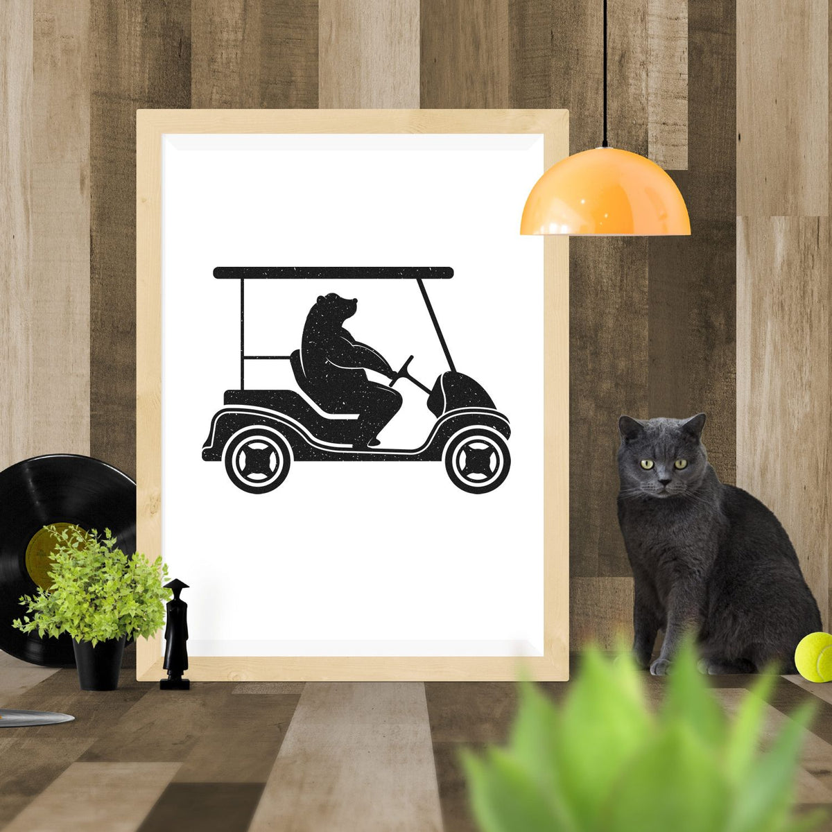 Golf Cart Bear Silhouette Premium Wooden Stamp - Vintage Pro imprint stamped in black ink. A seated bear silhouette drives a roofed golf cart shown from the side.