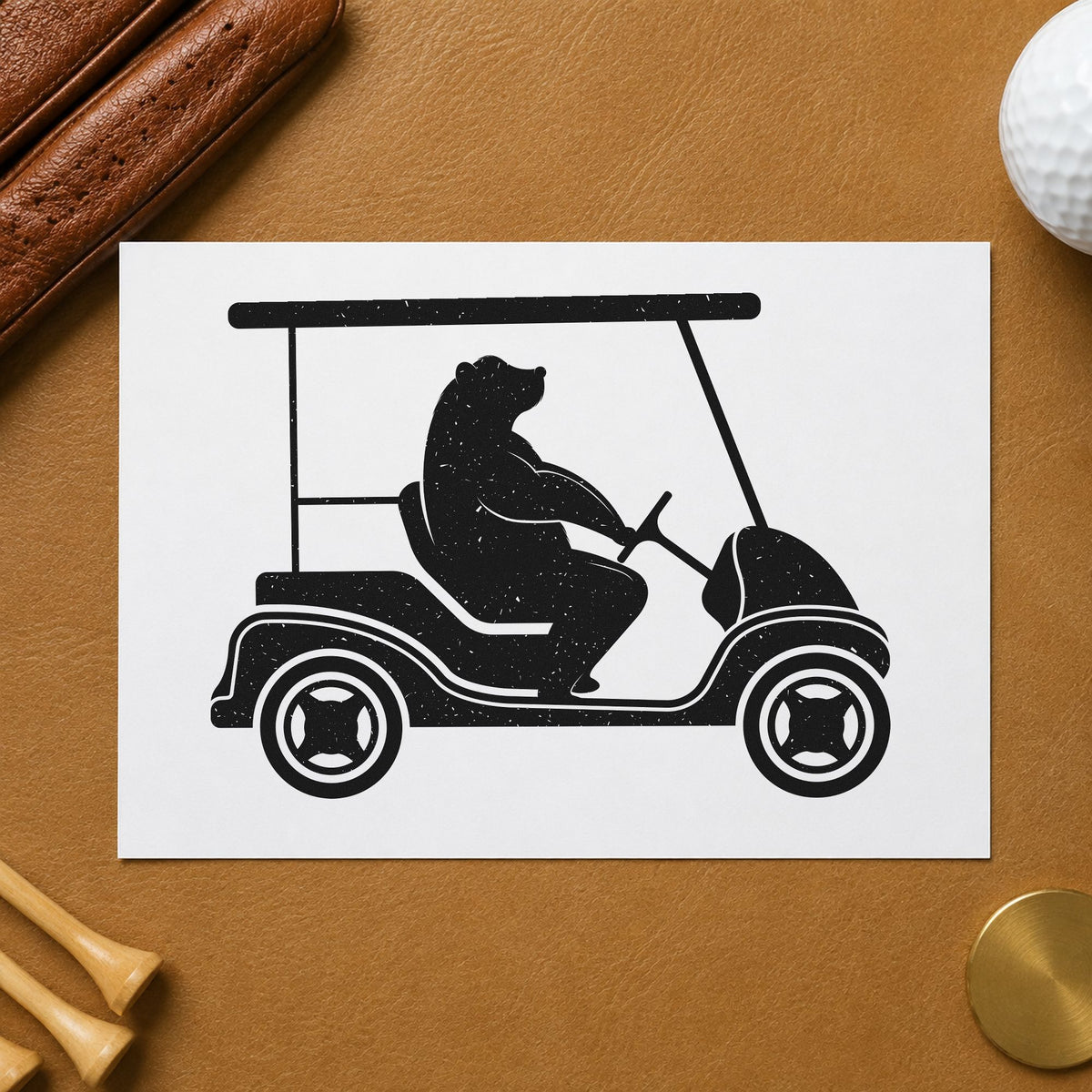 Bear Driving Golf Cart craft stamp imprint in black ink on a handmade project, one idea being baby gift tags.