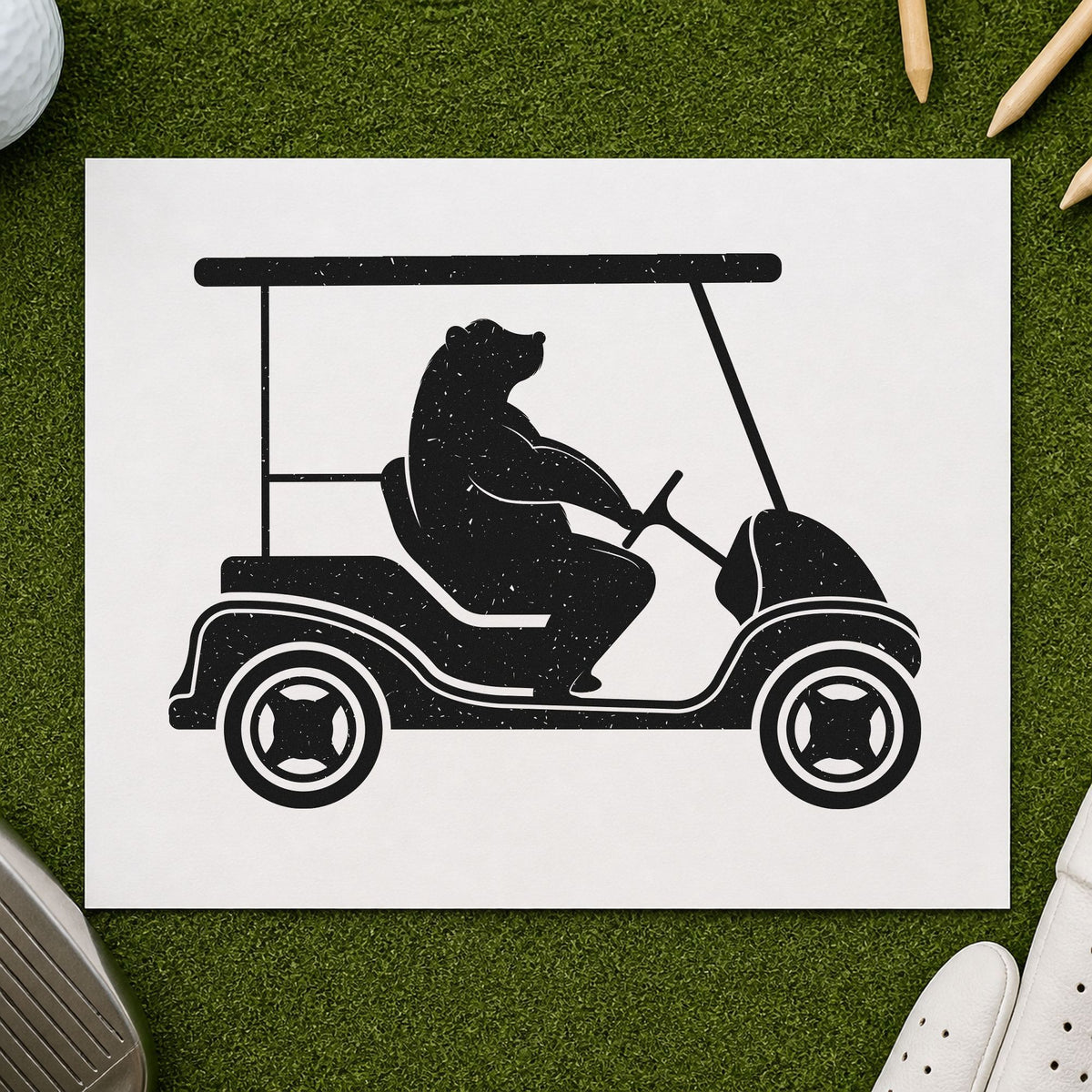 Bear Driving Golf Cart rubber stamp printed in black ink, ready for seated bear cards and similar paper crafts.