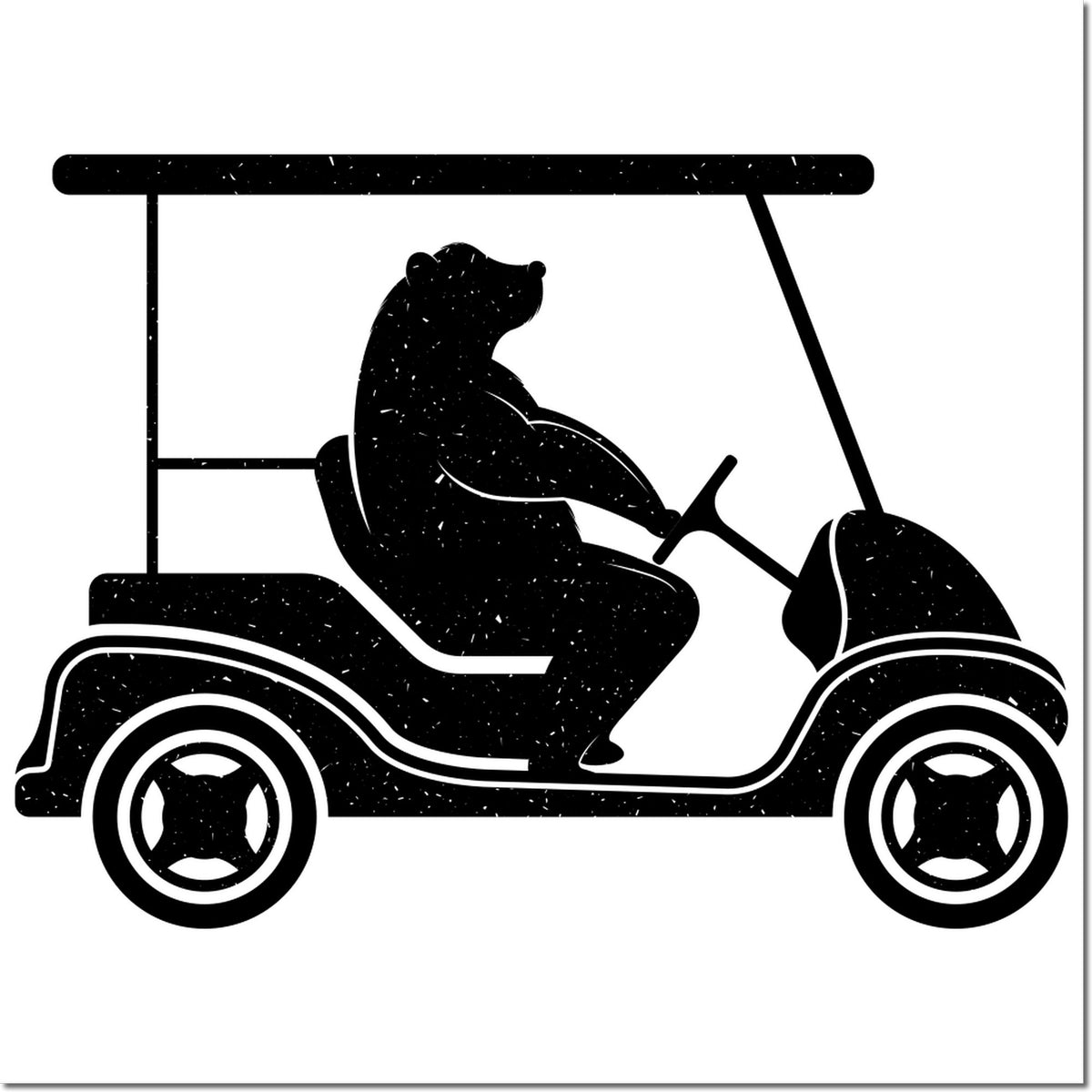 Bear in golf cart rubber stamp design for golf club stationery, wildlife crafts, and custom stamping.