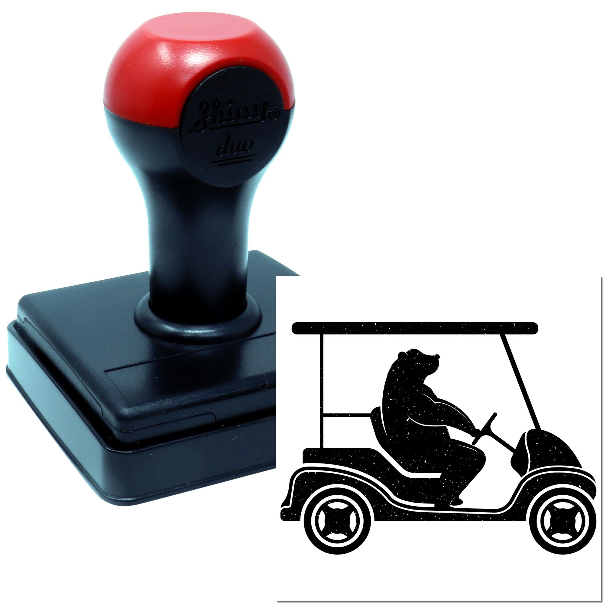 Custom self-inking rubber stamp with bear in golf cart design for logos, crafts, and branding.