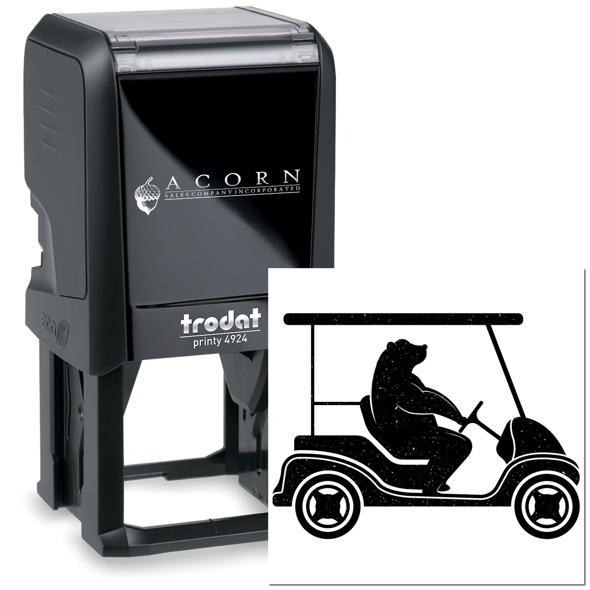Trodat Printy 4924 self-inking rubber stamp with Acorn Sales Company logo and golf cart design for custom branding.