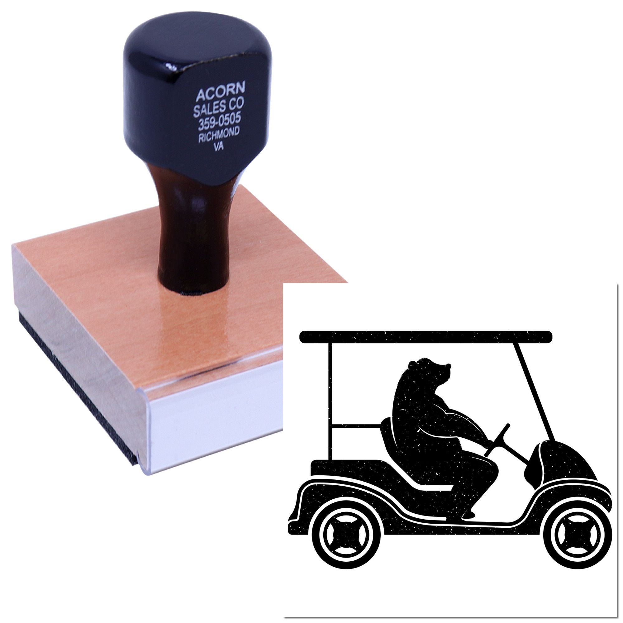 Custom rubber stamp with golf cart logo on wooden mount for business branding and promotional marking.