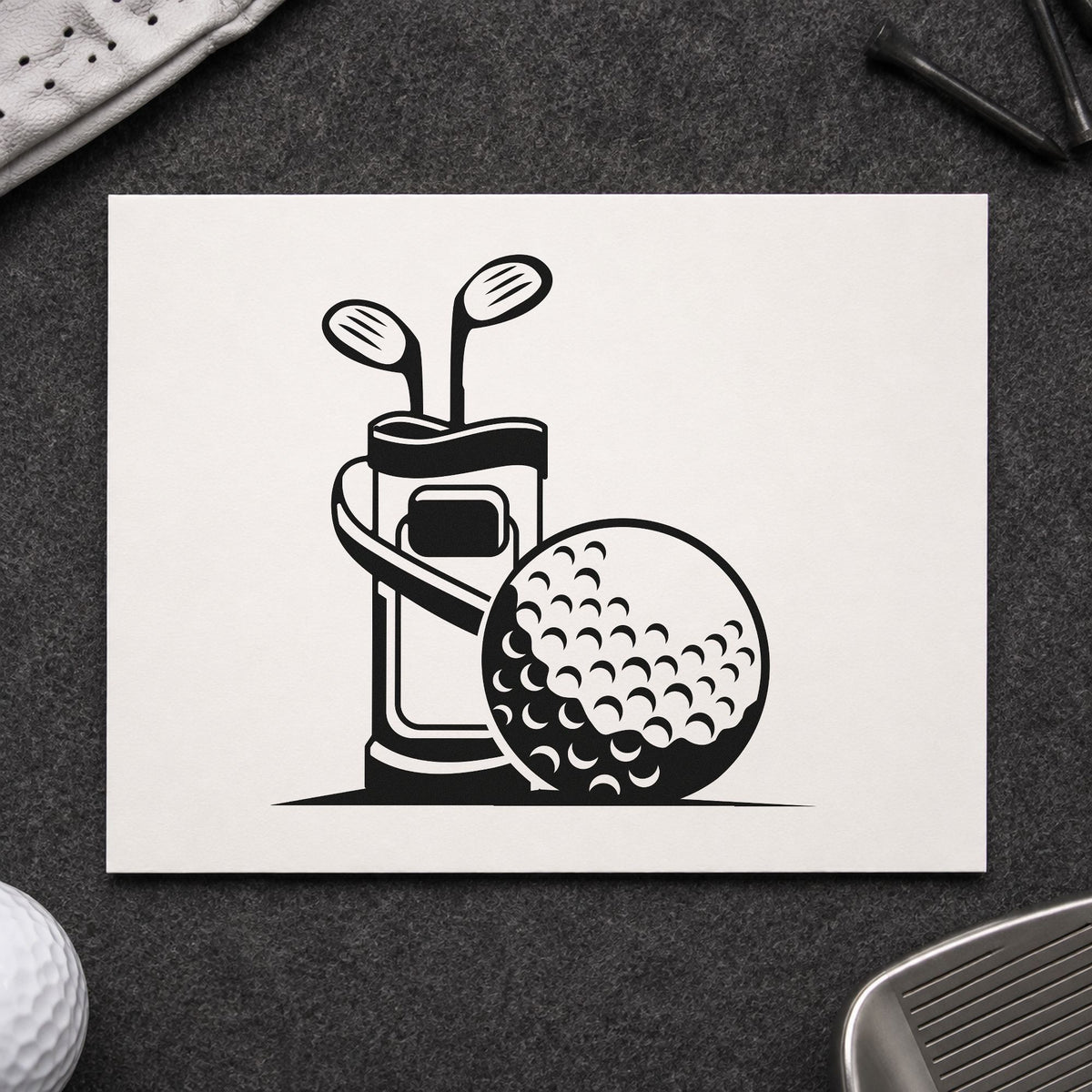 Golf Bag And Ball craft stamp in black ink on cardstock, an easy option for shipping album page.