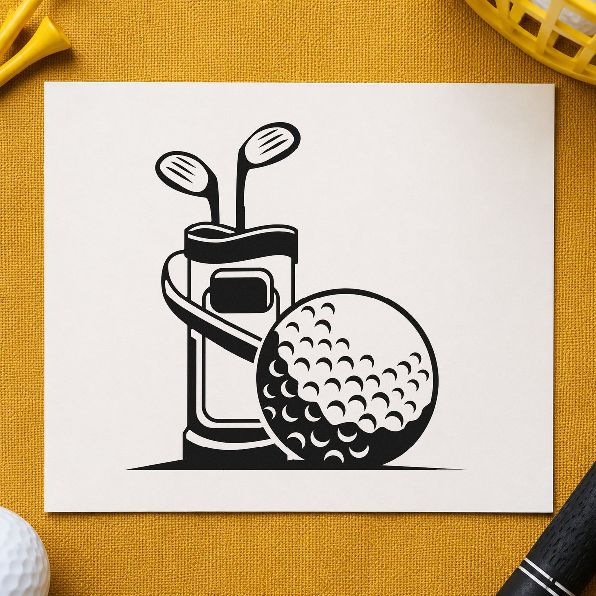 Golf Bag And Ball craft stamp imprint in black ink on a handmade project, one idea being travel case gift tags.