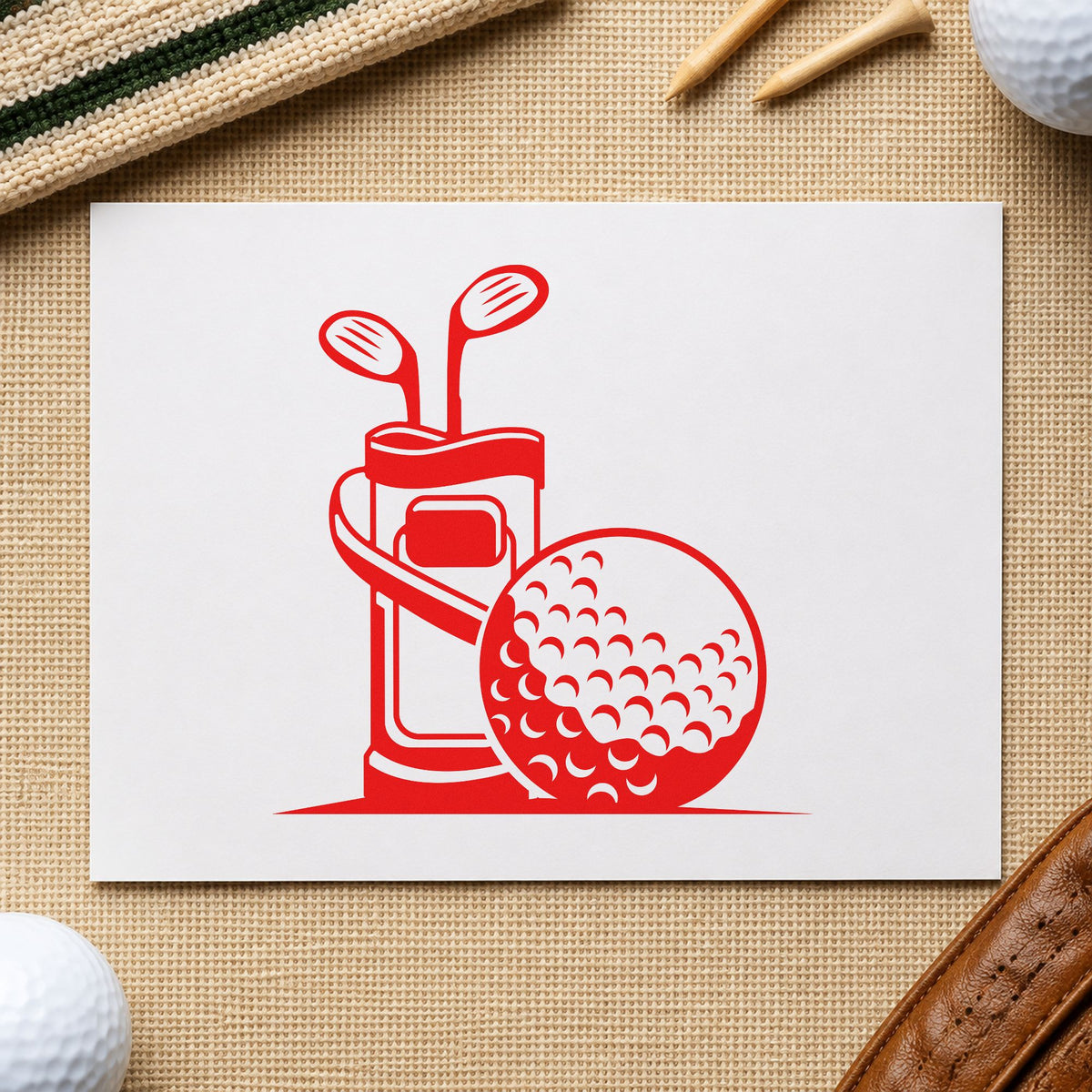 Golf Bag And Ball rubber stamp shown in red ink, stamped for projects such as bin fitting labels.