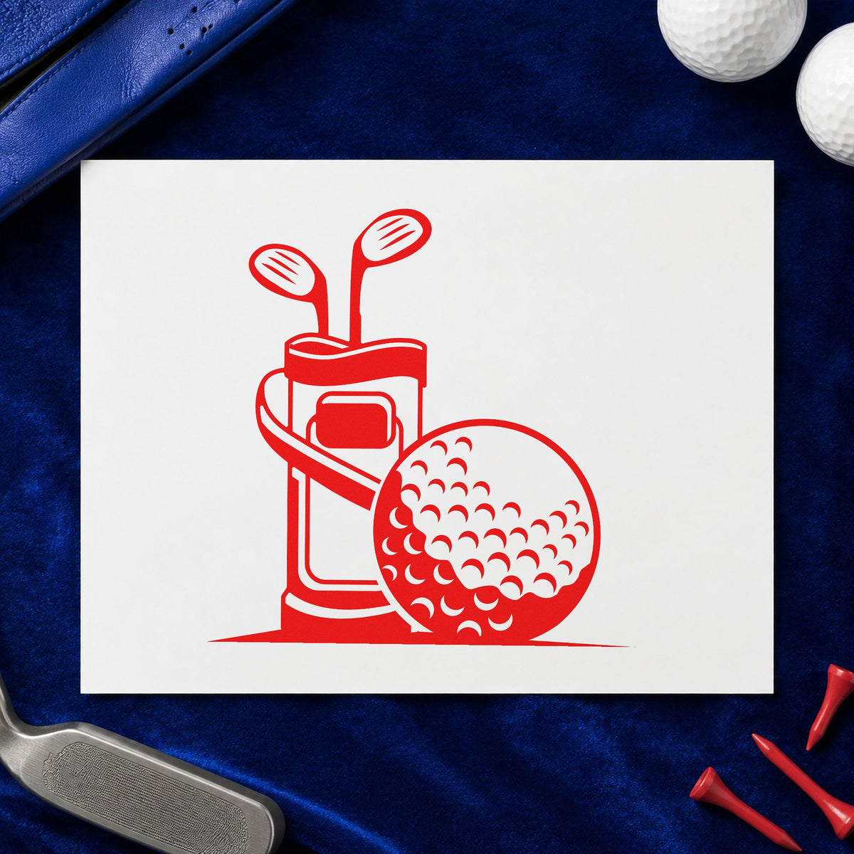 Golf Bag And Ball craft stamp imprint in red ink on a handmade project, one idea being tracking note cards.