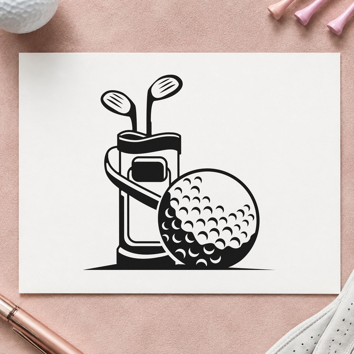 Golf Bag And Ball rubber stamp printed in black ink, ready for bag ball cards and similar paper crafts.