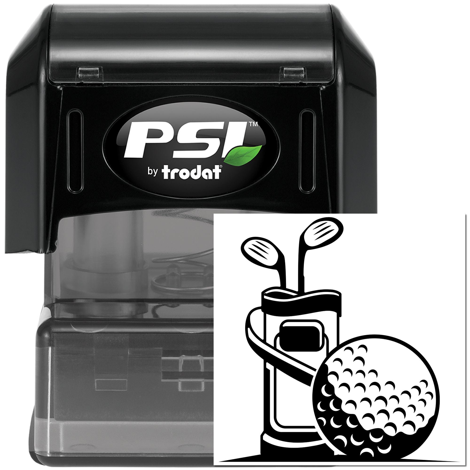 PSI by Trodat self-inking golf rubber stamp with tees and golf ball design for custom sports marking.