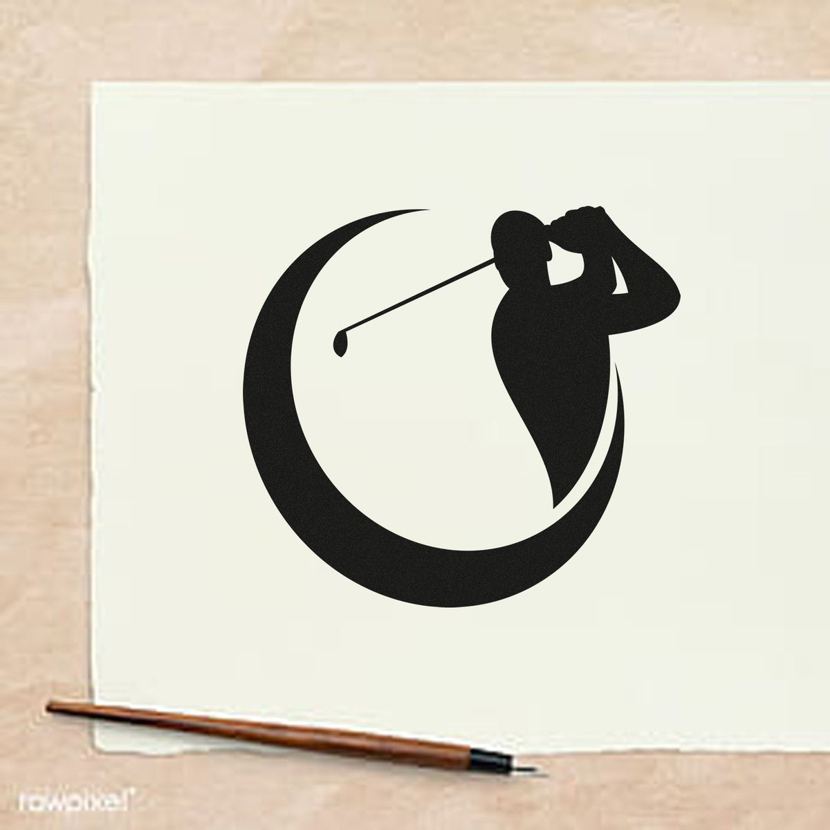 Golfer Crescent Circle Silhouette Stamp - Premium Vintage Pro Wooden imprint stamped in black ink. A golfer finishing a swing appears inside a sweeping crescent-shaped circle.