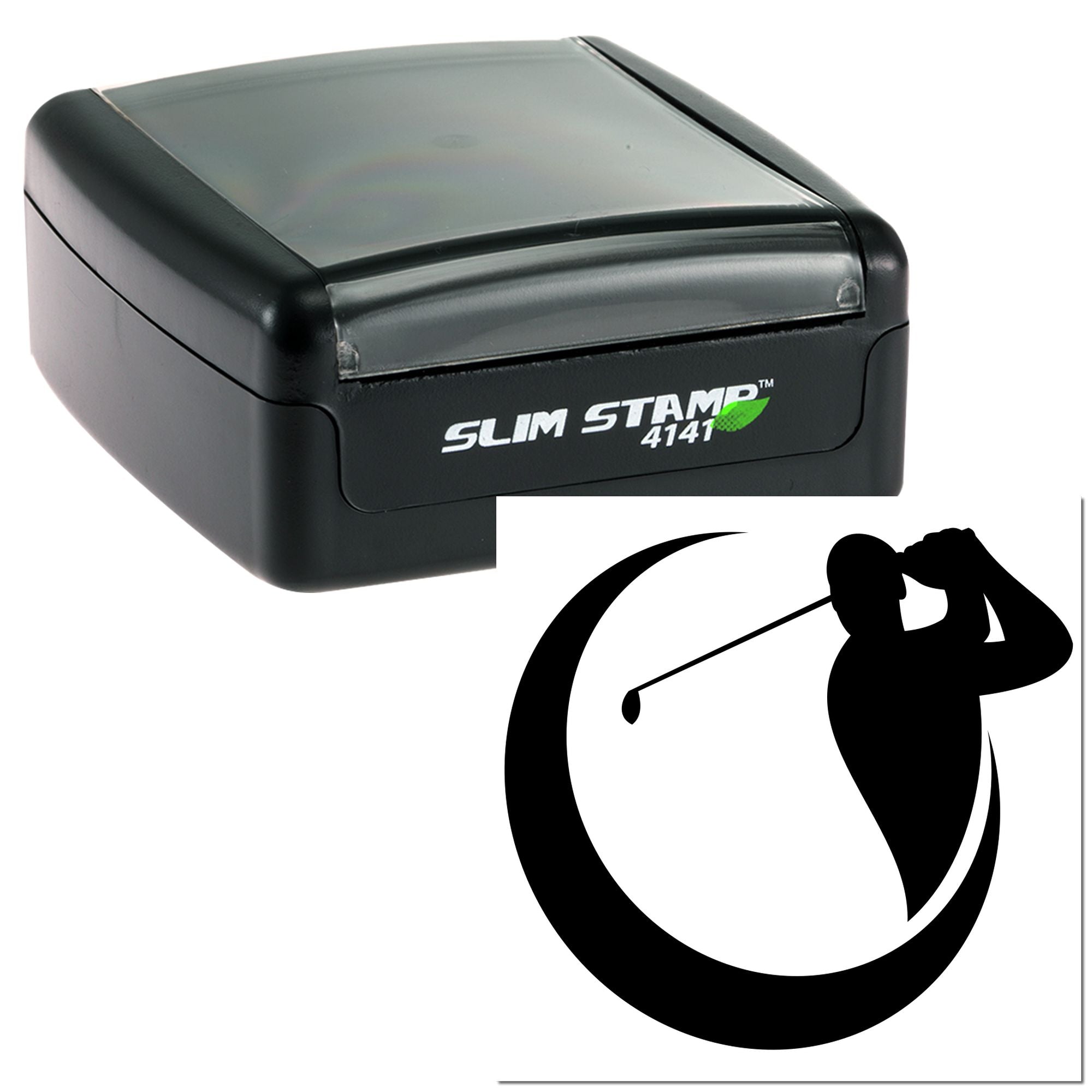 Slim Stamp 4141 self-inking rubber stamp with golfer silhouette design for custom golf club or sports branding.