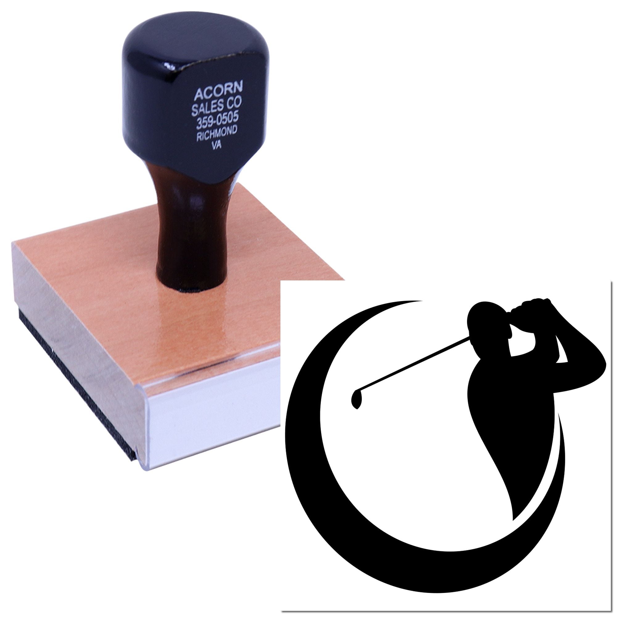 Custom rubber stamp on wood block with golf logo, used for business address and branding impressions.