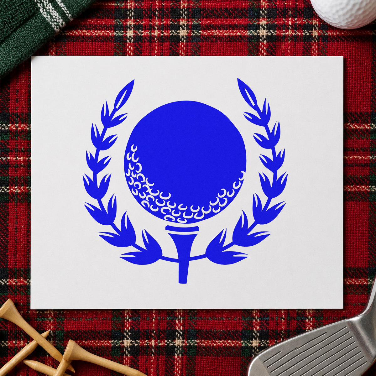 Golf Ball Tee Laurel craft stamp imprinted in blue ink on paper, a design suited to framed club lounge.