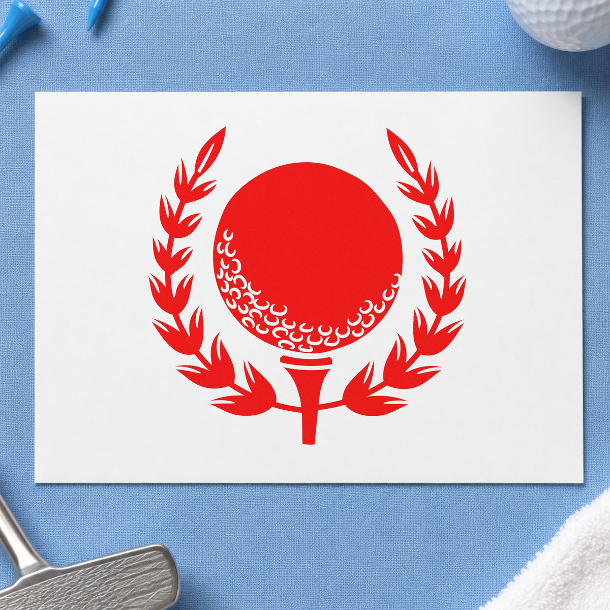 Golf Ball Tee Laurel rubber stamp shown in red ink, stamped for projects such as bin flight labels.
