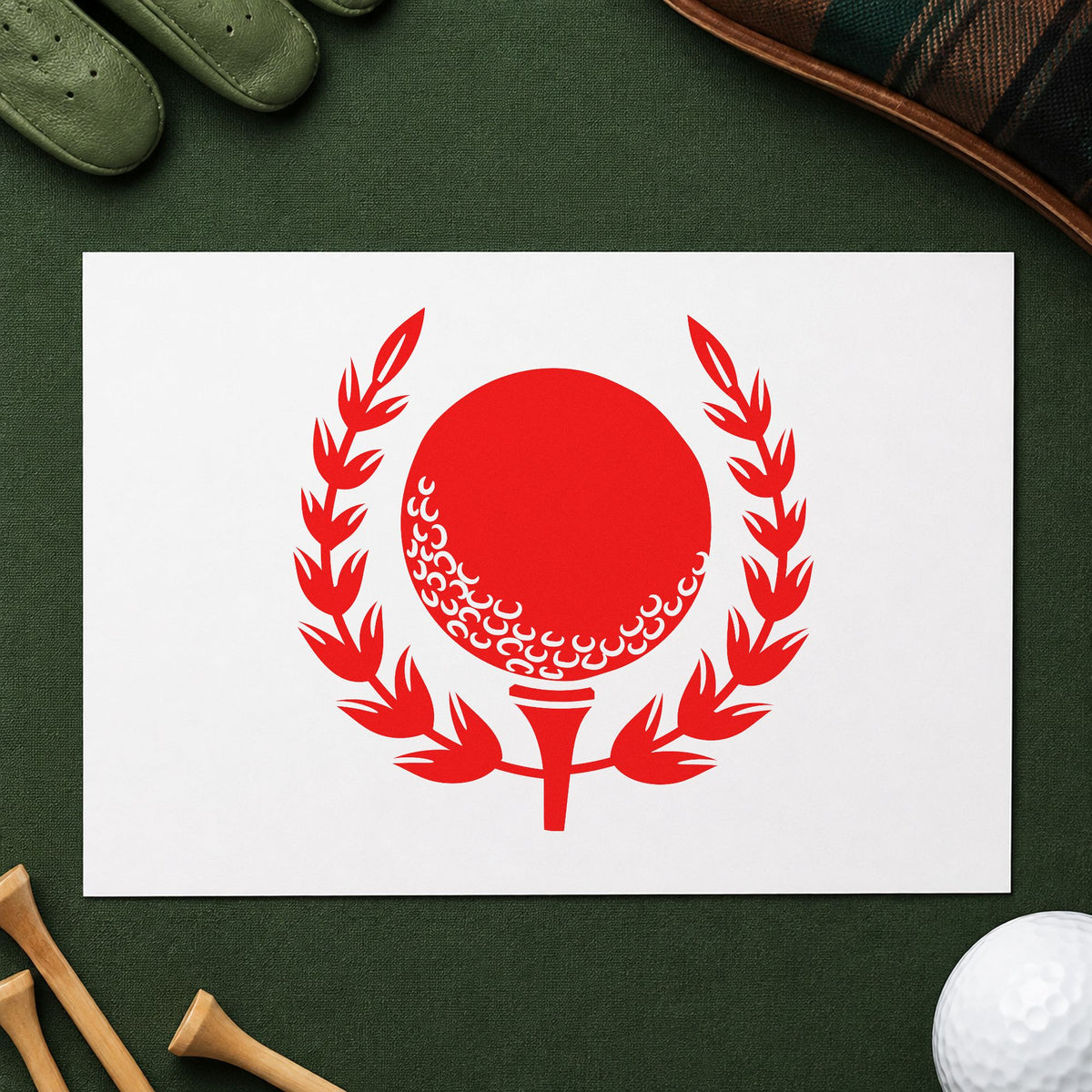 Golf Ball Tee Laurel craft stamp imprint in red ink on a handmade project, one idea being pairing slip cards.