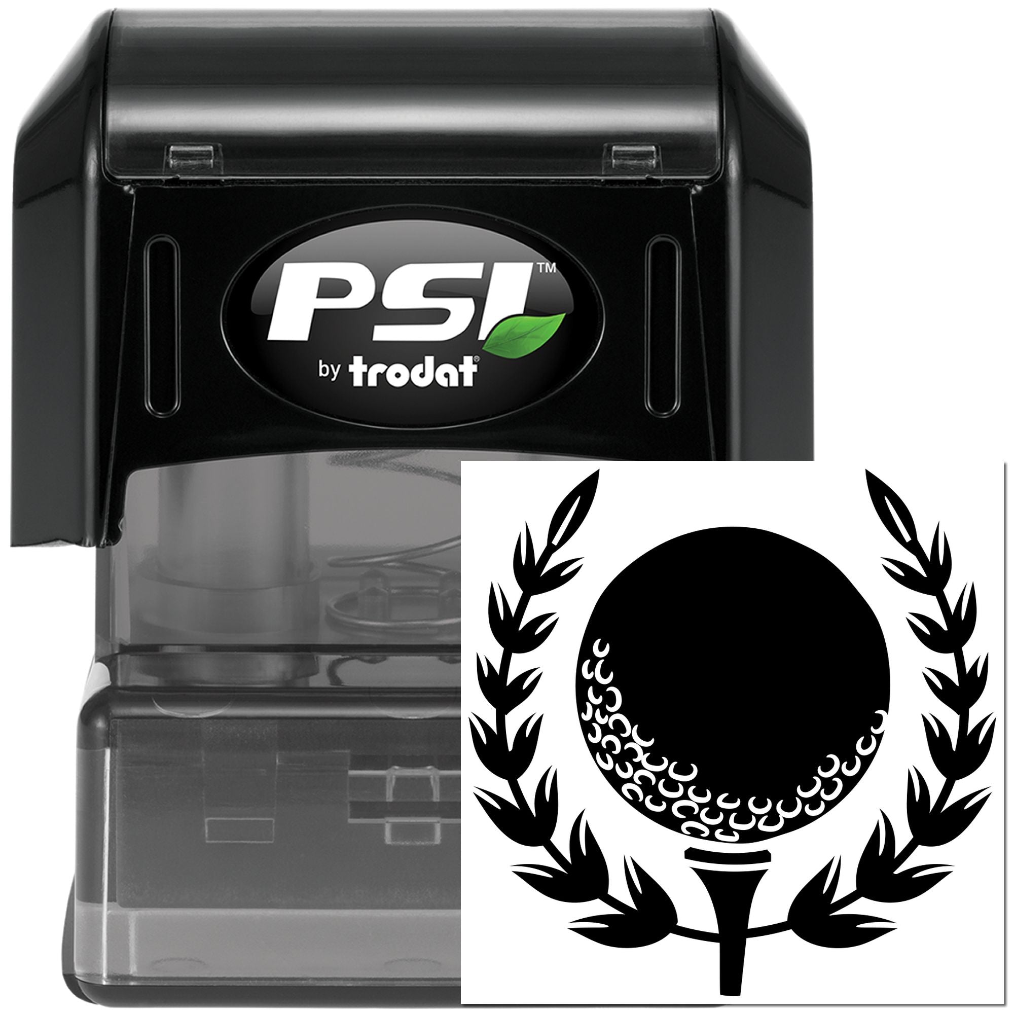 PSI by Trodat self-inking rubber stamp with round leaf wreath design for custom branding and logo impressions
