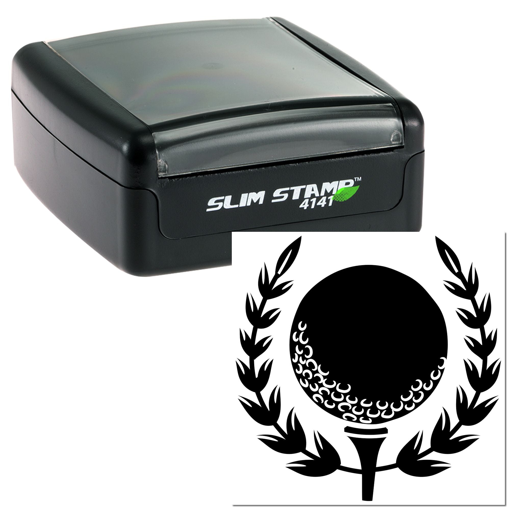 Slim Stamp 4141 self-inking rubber stamp with custom laurel wreath logo, ideal for business or award branding.
