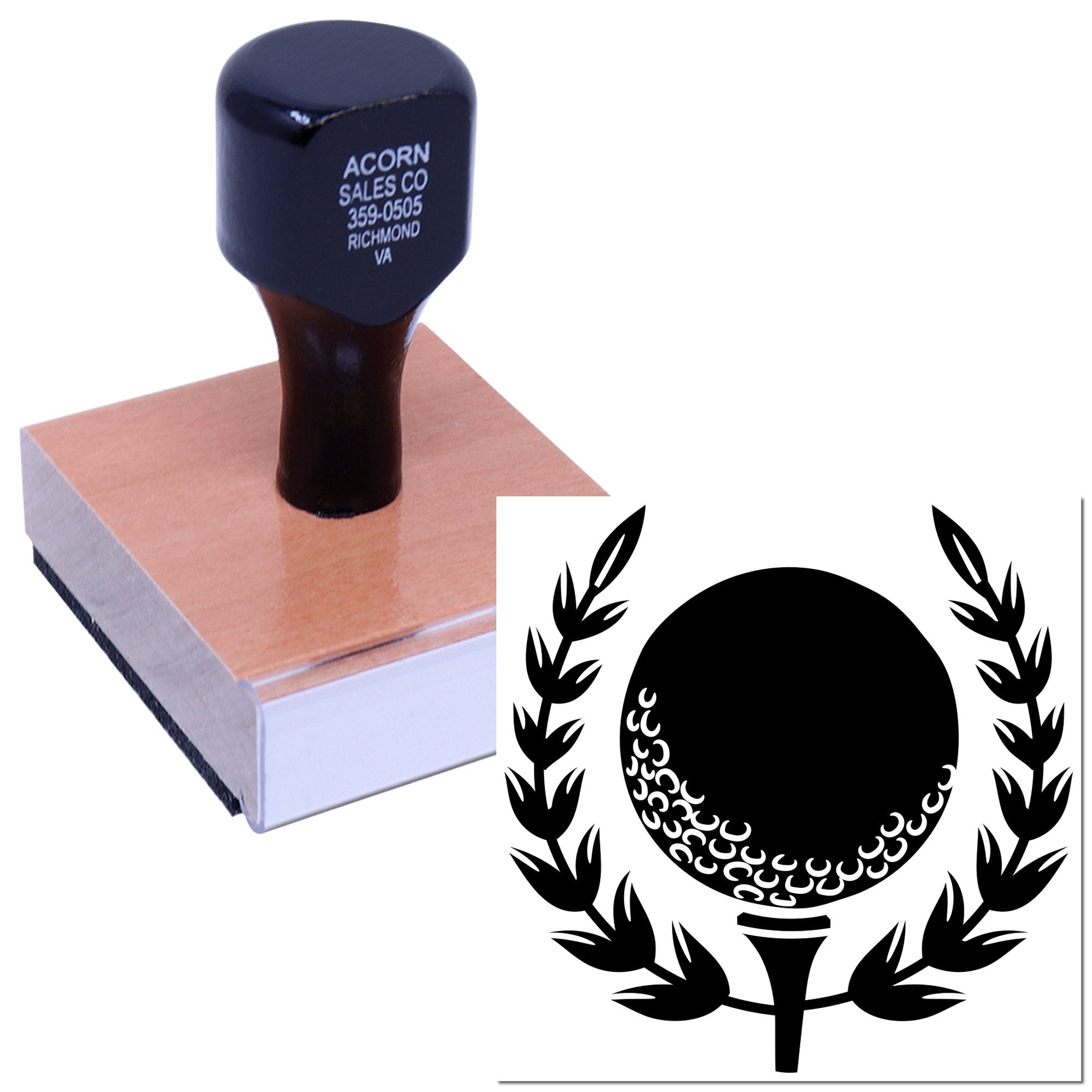 Personalized rubber stamp with laurel wreath logo for business branding, packaging, and document imprinting.