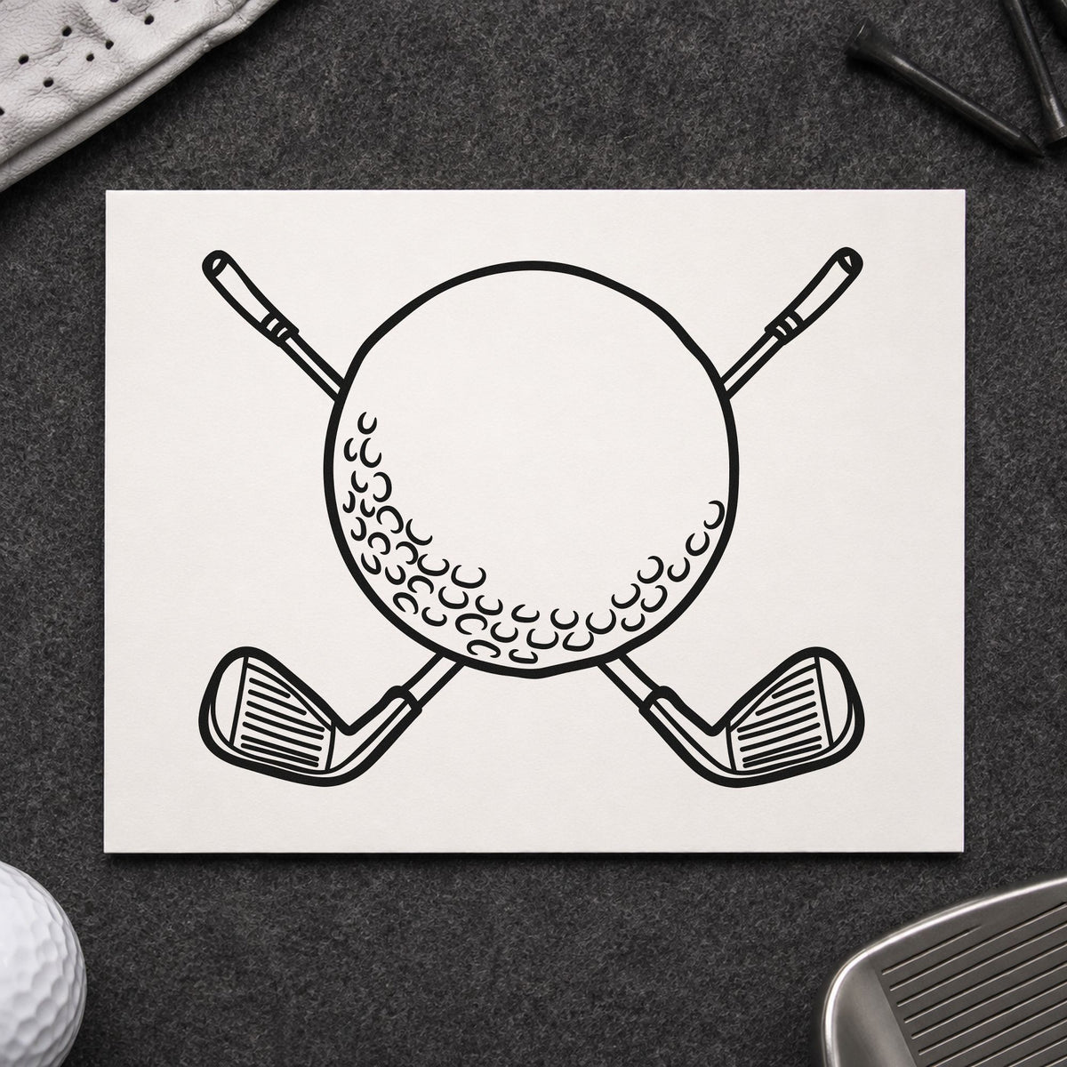 Golf Ball Crossed Clubs craft stamp in black ink on cardstock, an easy option for resort season album page.