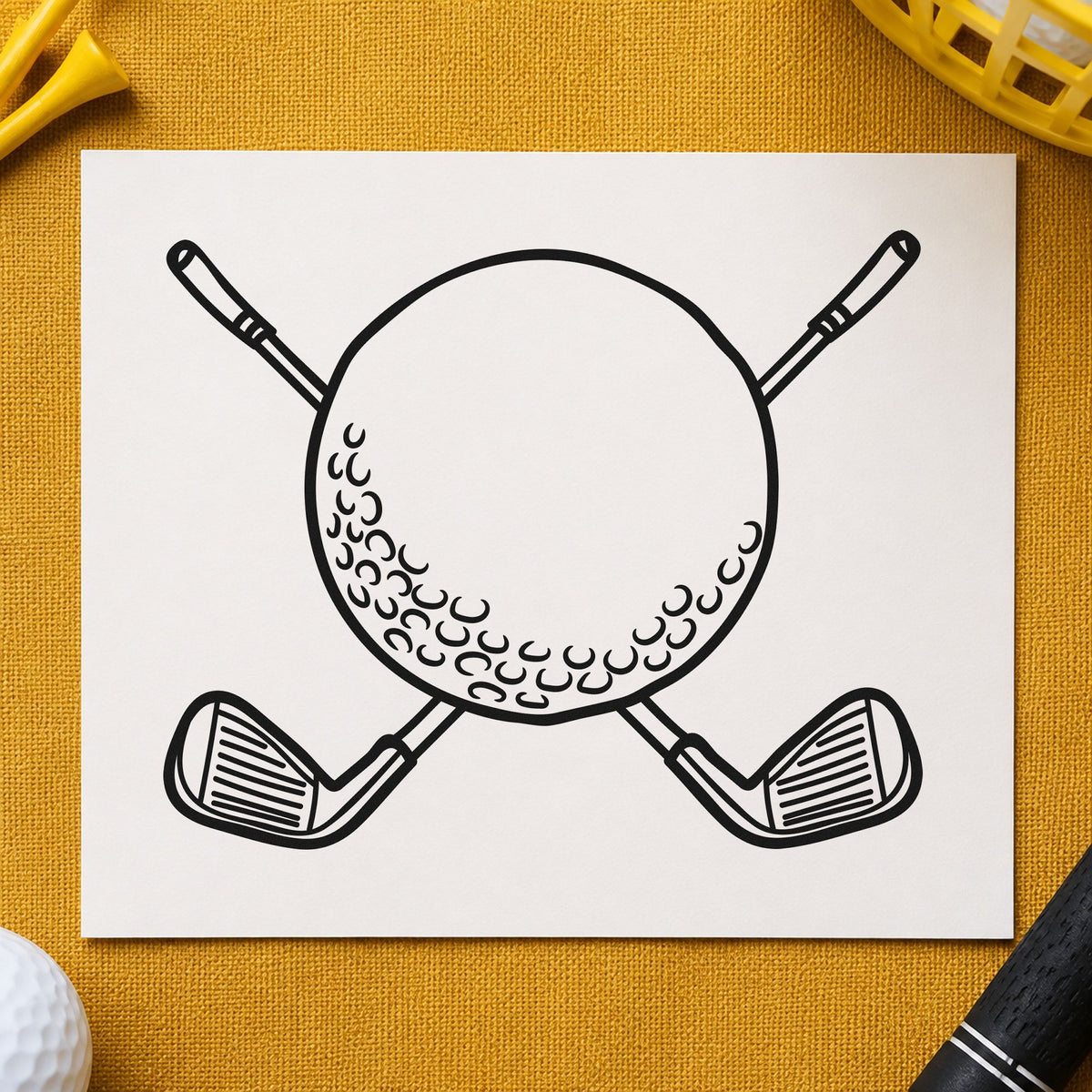Golf Ball Crossed Clubs craft stamp imprint in black ink on a handmade project, one idea being hire set gift tags.