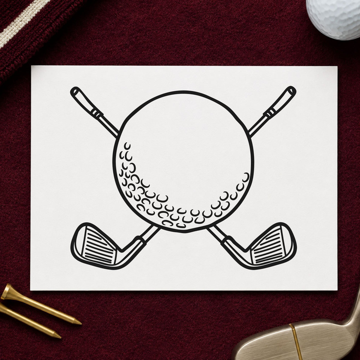Golf Ball Crossed Clubs rubber stamp printed in black ink, ready for tee sheet booking and similar paper crafts.