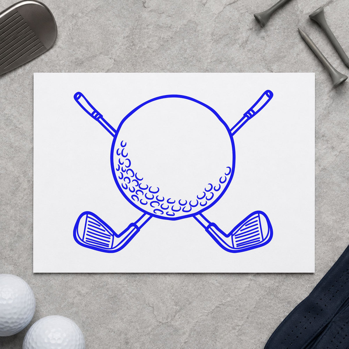 Golf Ball Crossed Clubs craft stamp in blue ink on cardstock, an easy option for cart towel printing.