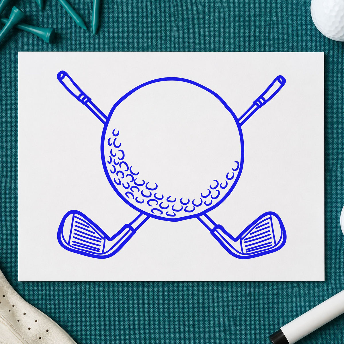 Golf Ball Crossed Clubs craft stamp imprinted in blue ink on paper, a design suited to framed starter hut.