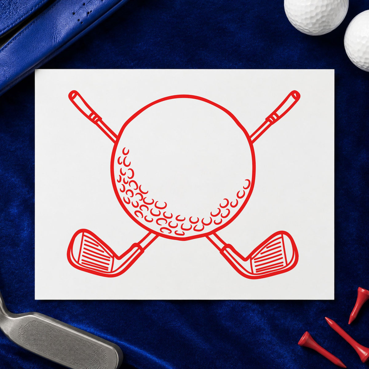 Golf Ball Crossed Clubs craft stamp imprint in red ink on a handmade project, one idea being course guide cards.