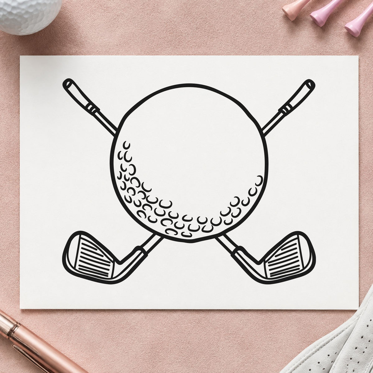 Golf Ball Crossed Clubs rubber stamp printed in black ink, ready for outlined ball cards and similar paper crafts.