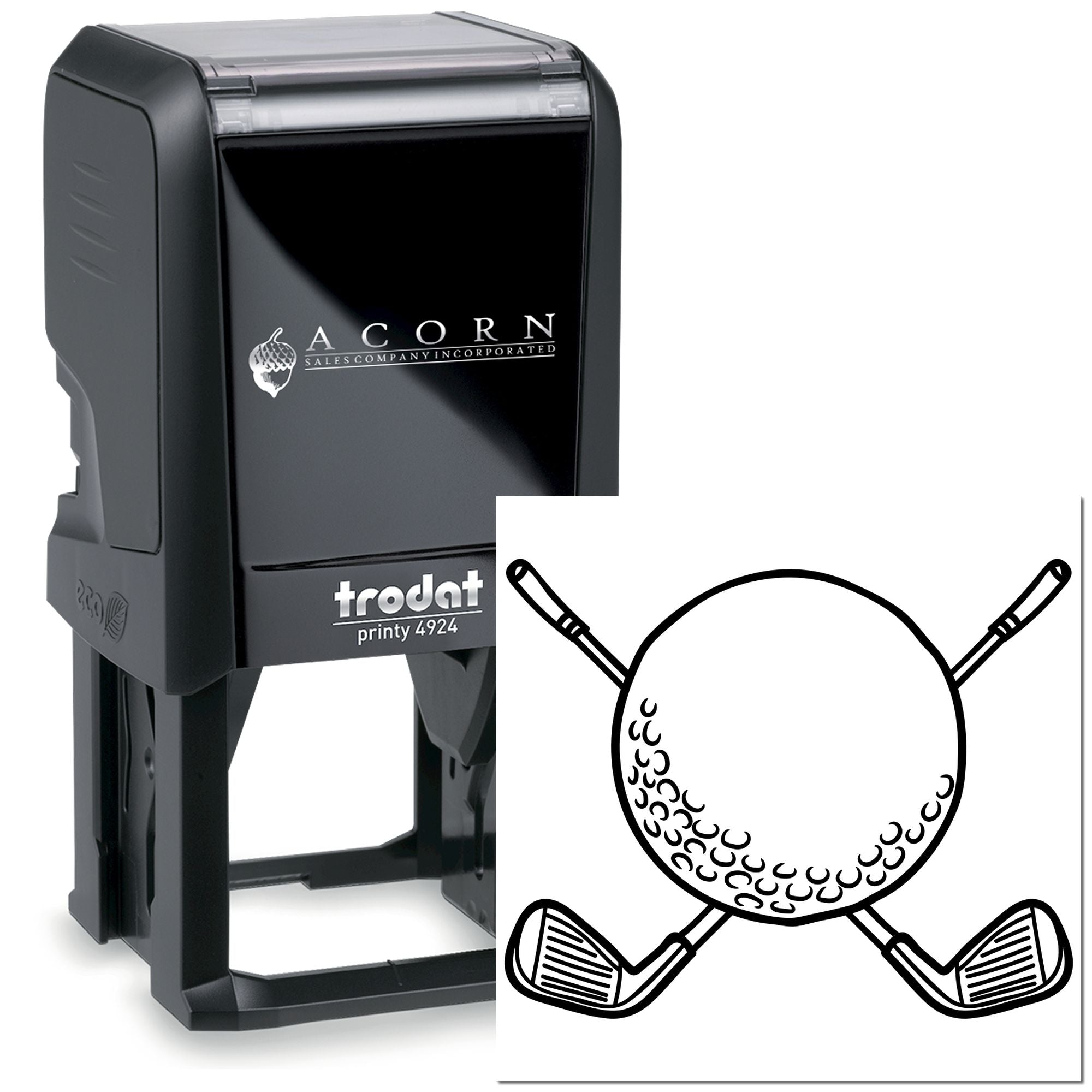Custom self-inking Trodat Printy 4924 rubber stamp with golf ball and crossed clubs logo for business branding.
