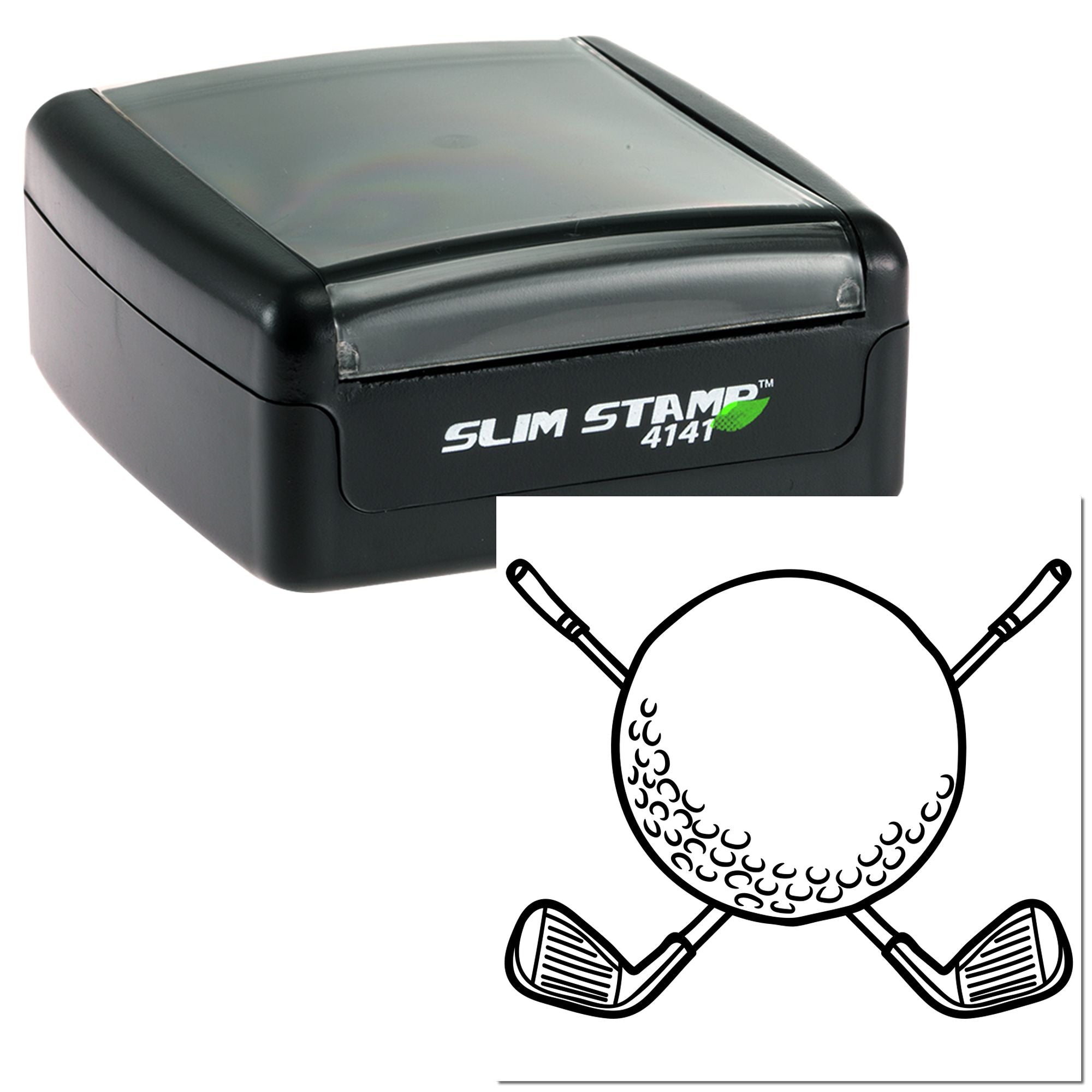 Slim Stamp 4141 self-inking rubber stamp with golf ball and crossed clubs design for custom sports branding.