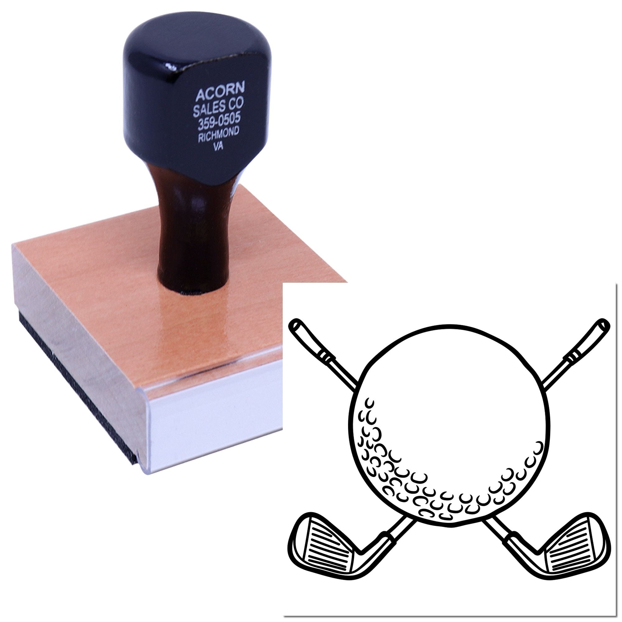 Custom golf logo rubber stamp with wooden handle, ideal for branding stationery, packaging, and promotional materials.
