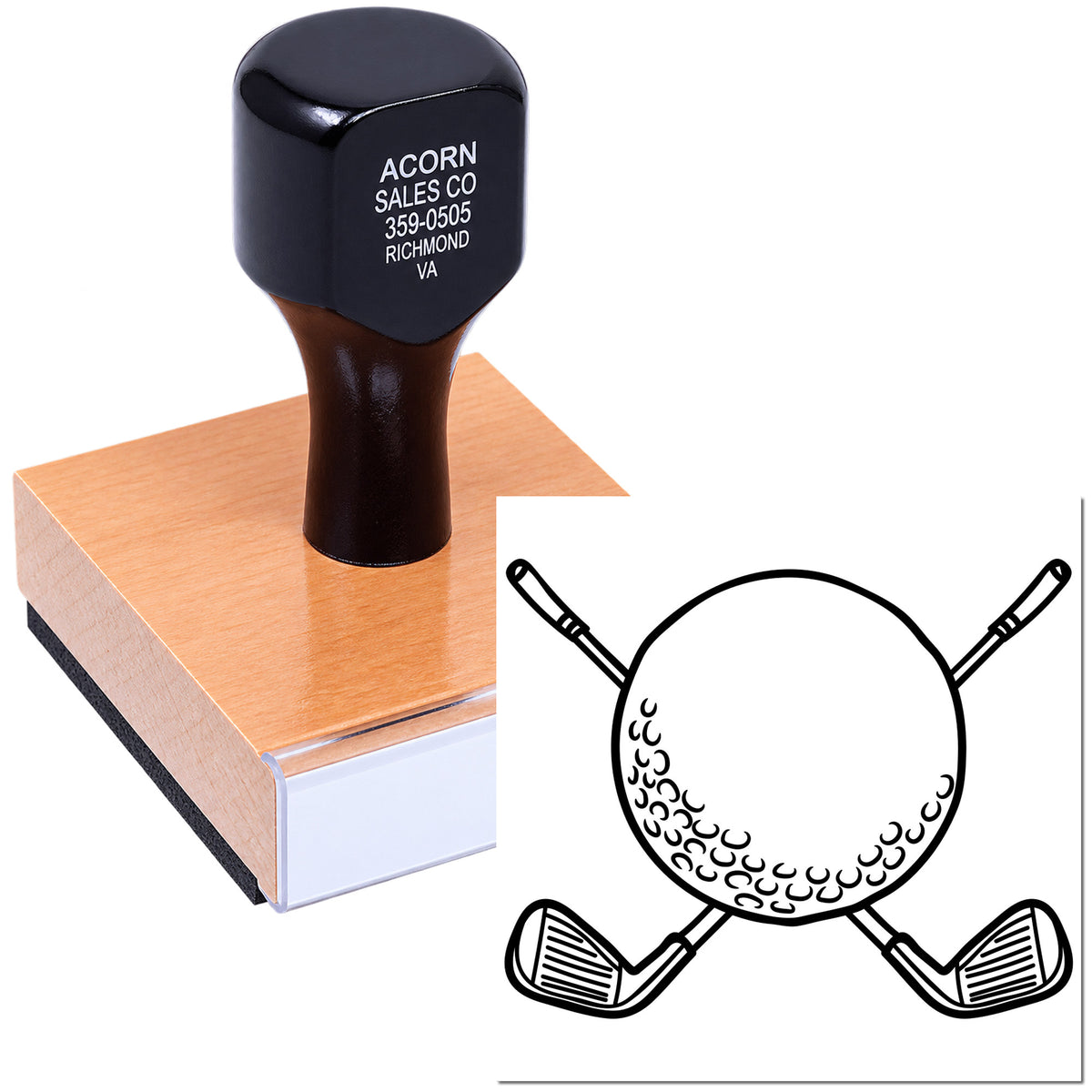 Custom golf logo rubber stamp with wooden handle, ideal for branding stationery, packaging, and promotional materials.